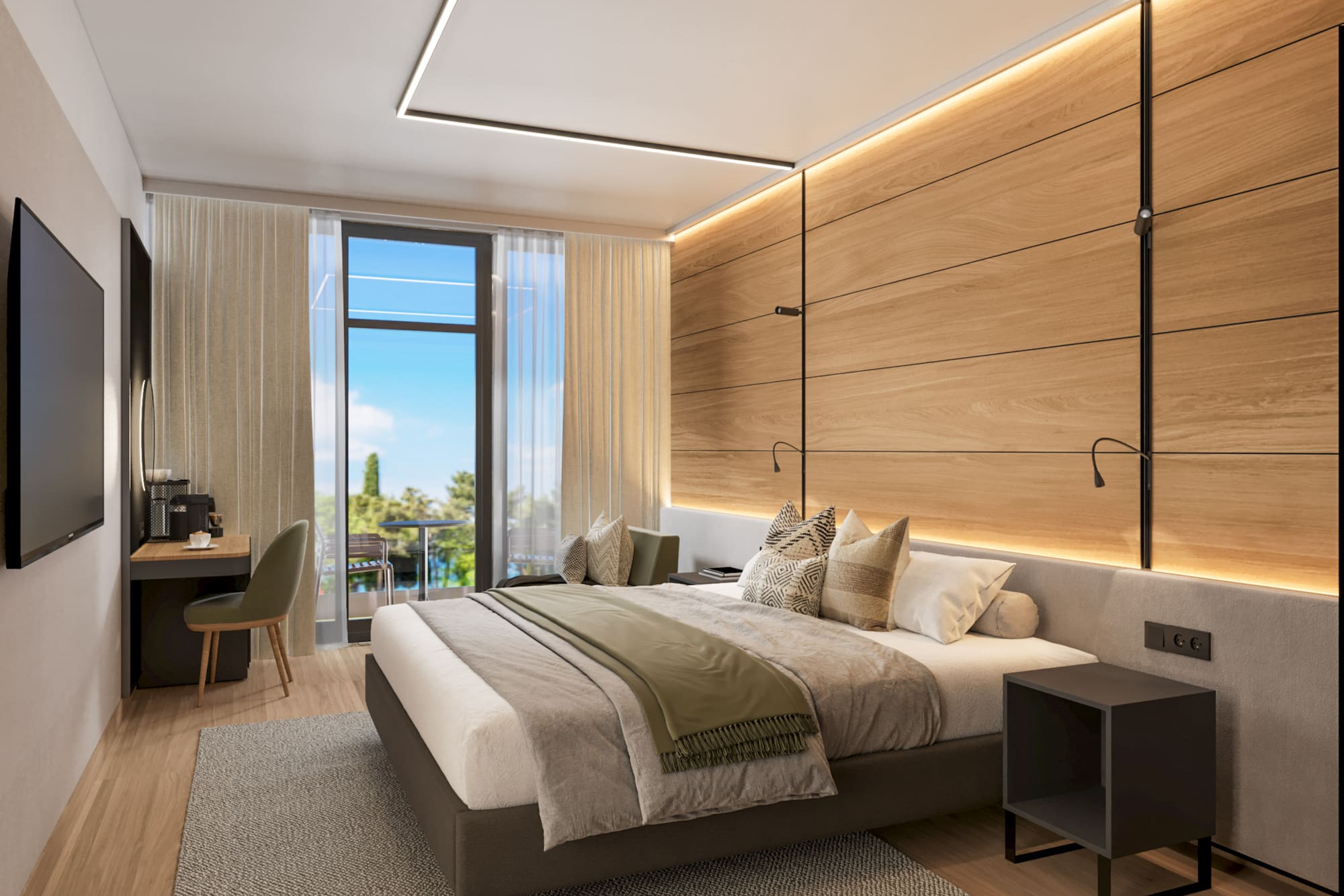 a bedroom with a bed and desk