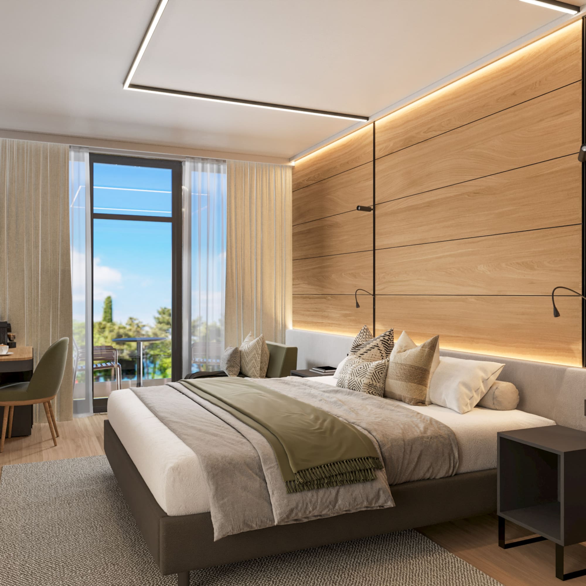 a bedroom with a bed and desk