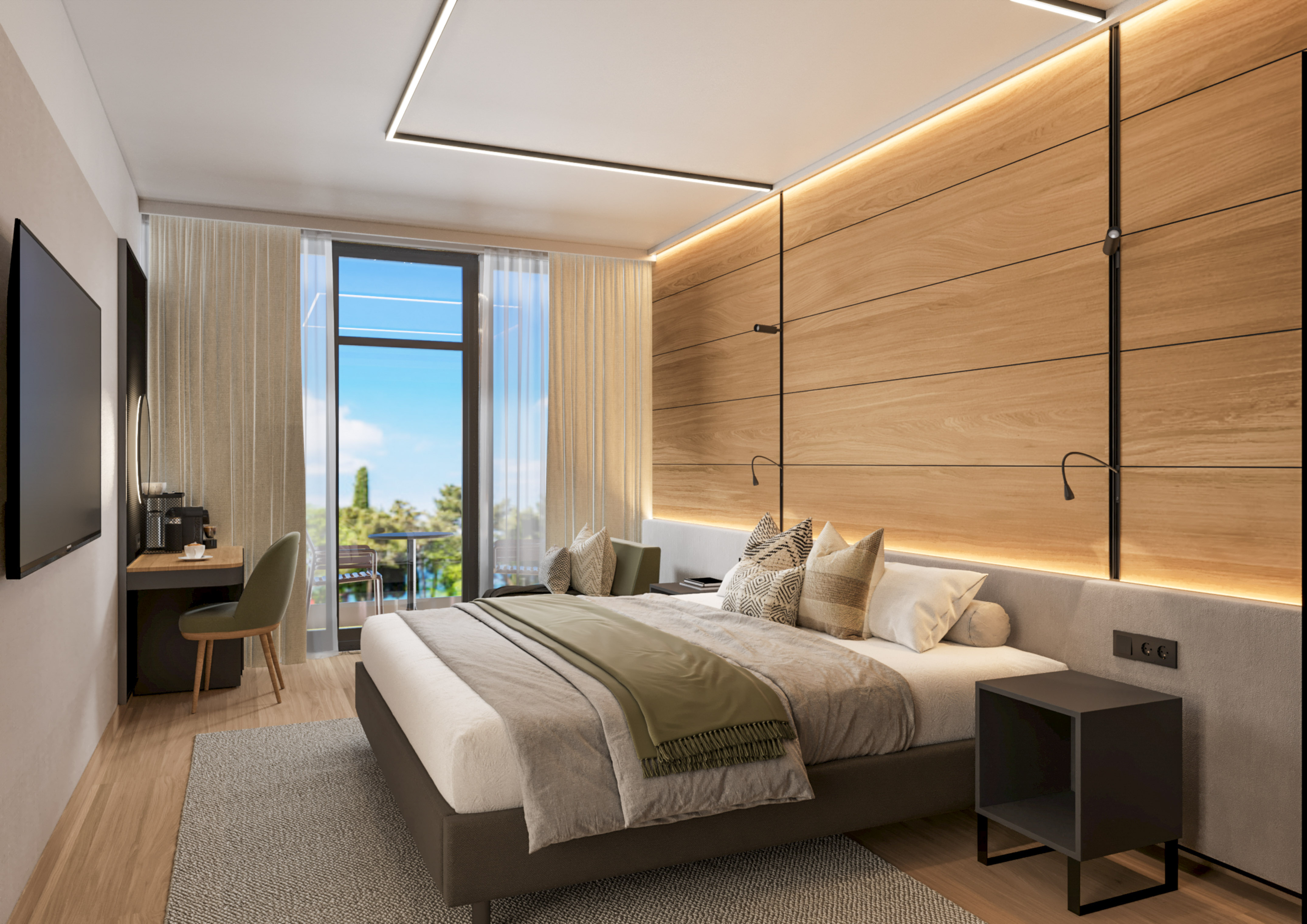 a bedroom with a bed and desk