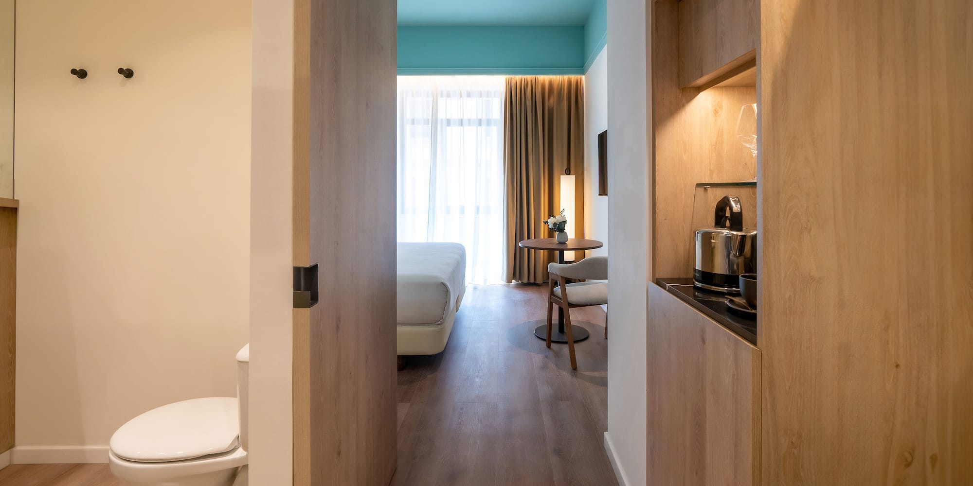 a room with a bed and a toilet