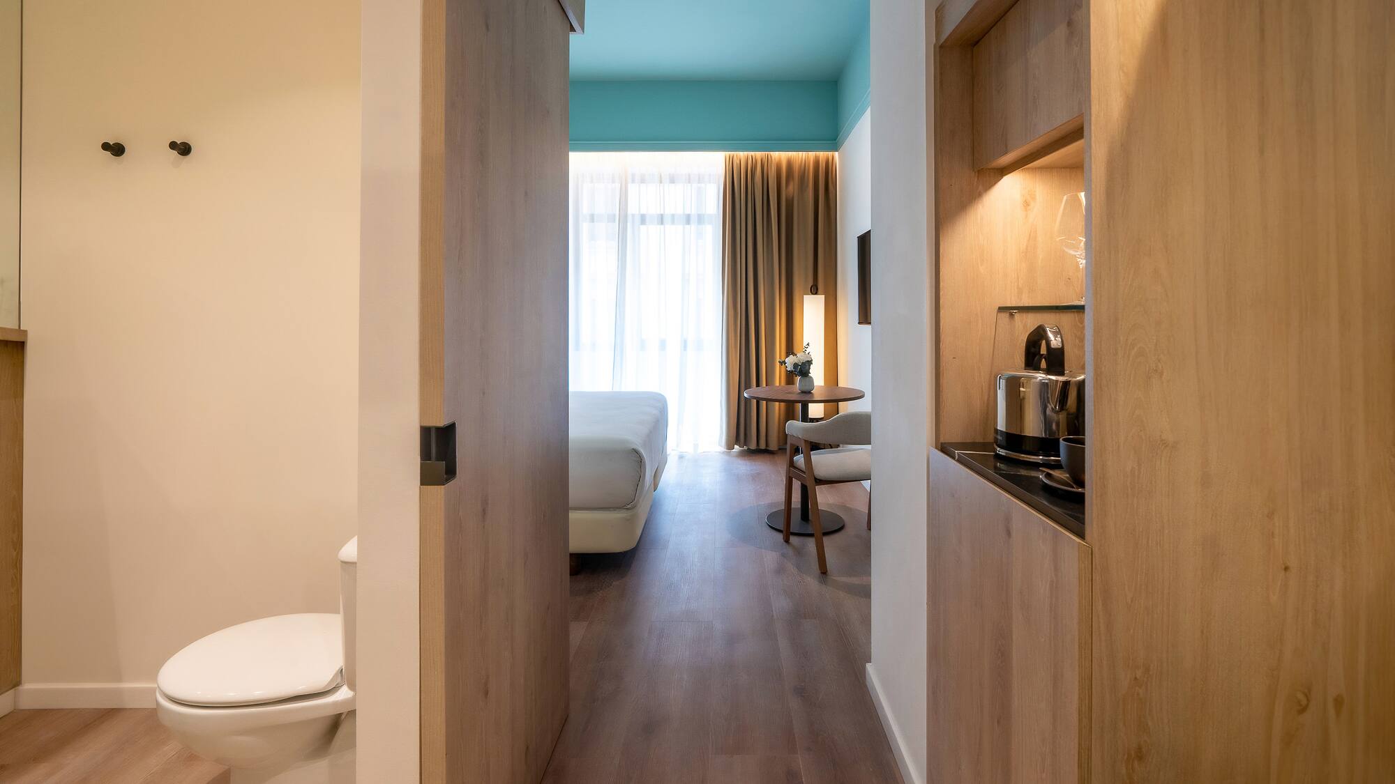 a room with a bed and a toilet