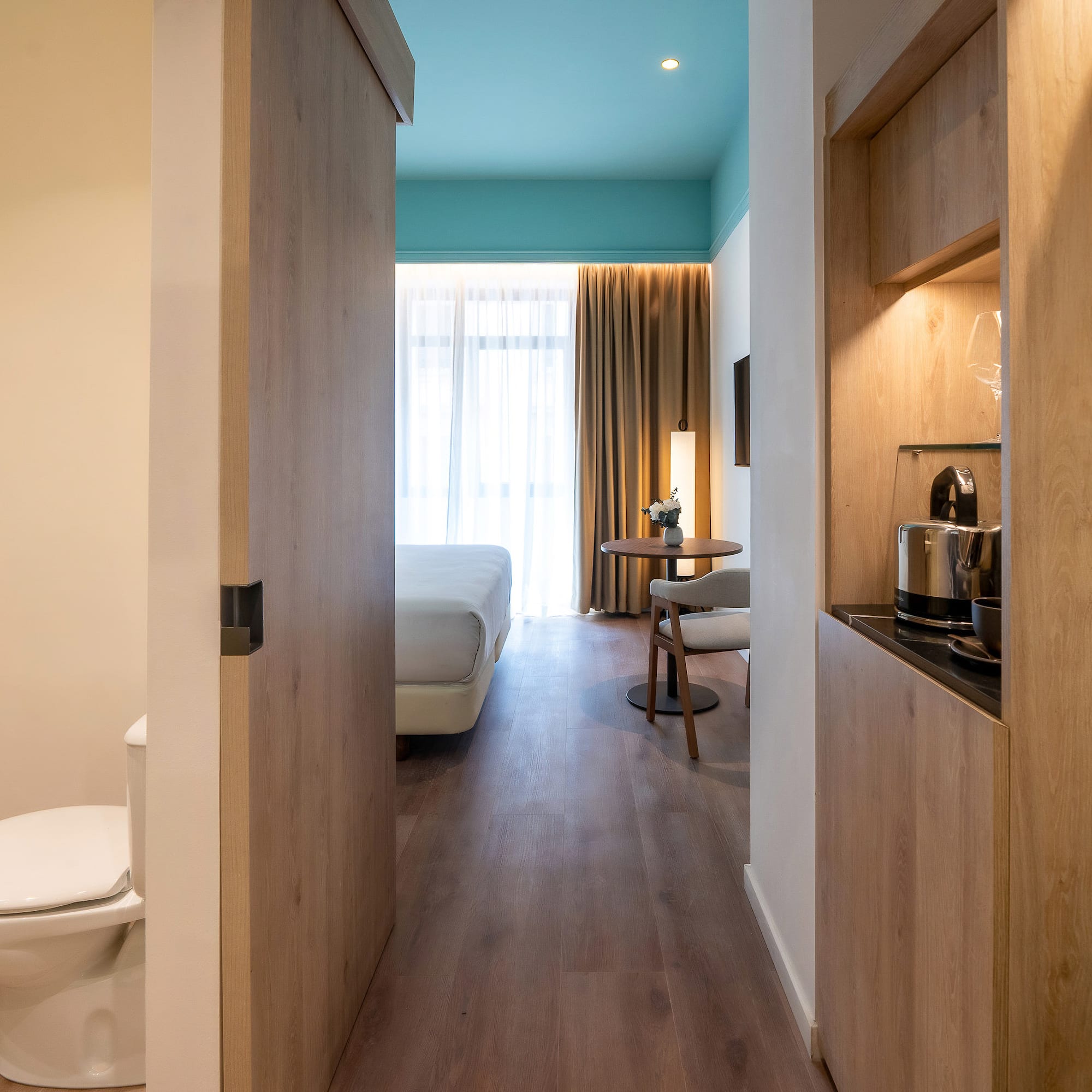 a room with a bed and a toilet