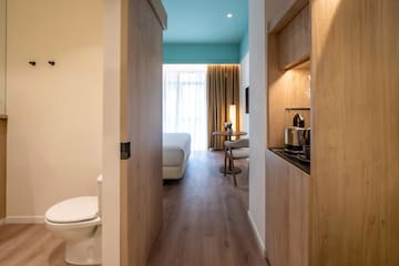 a room with a bed and a toilet