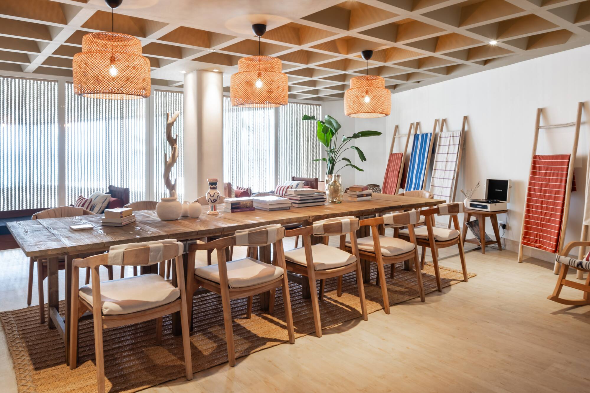 a room with a table and chairs