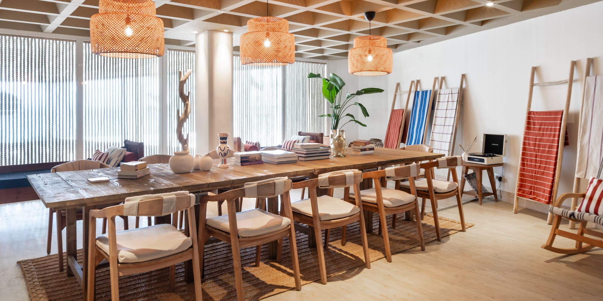 a room with a table and chairs