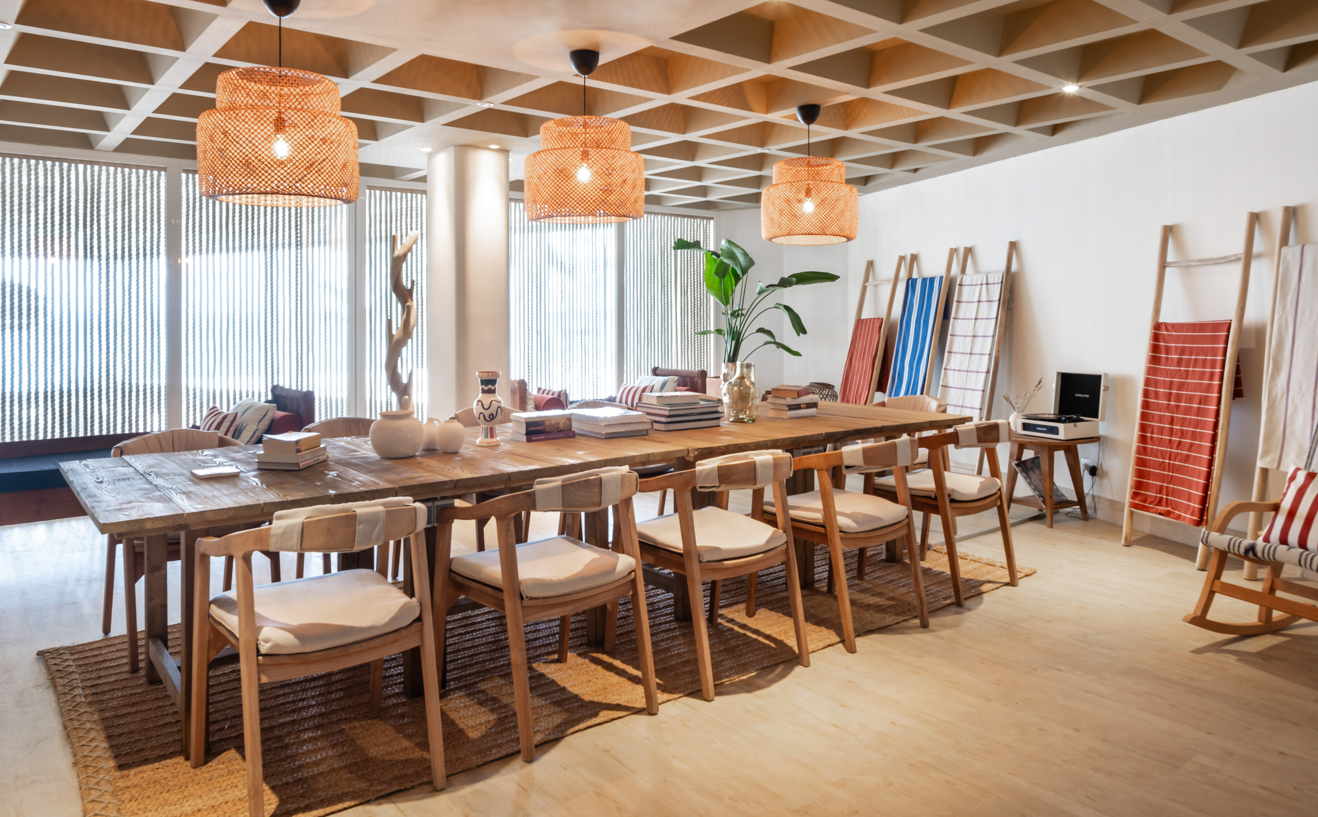 a room with a table and chairs