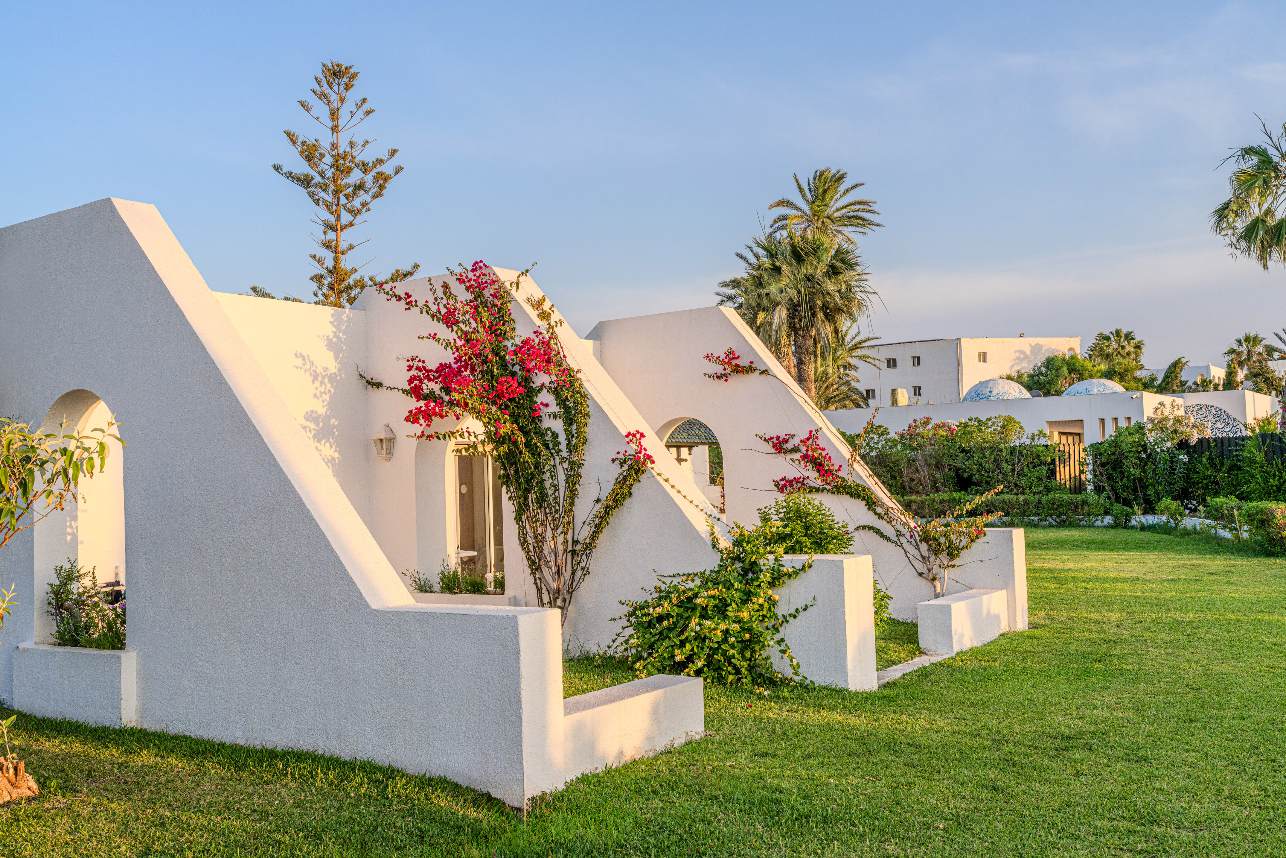 Mediterranean white building with bougainvillea, palm trees, and green lawn.
