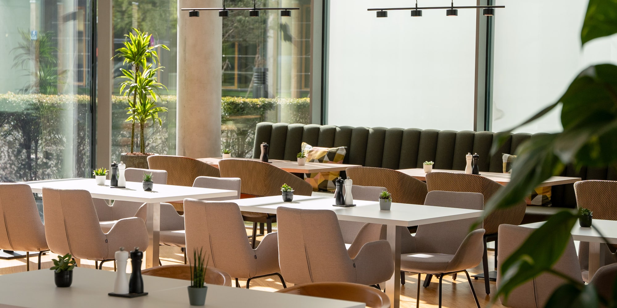 a room with tables and chairs