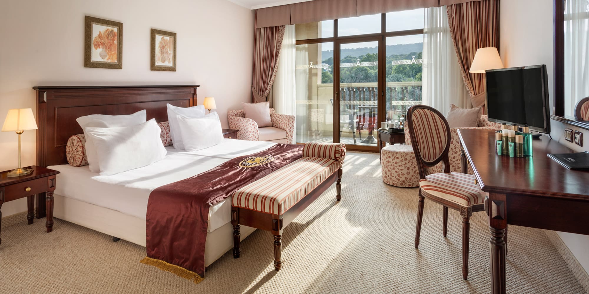 a bedroom with a bed and a table