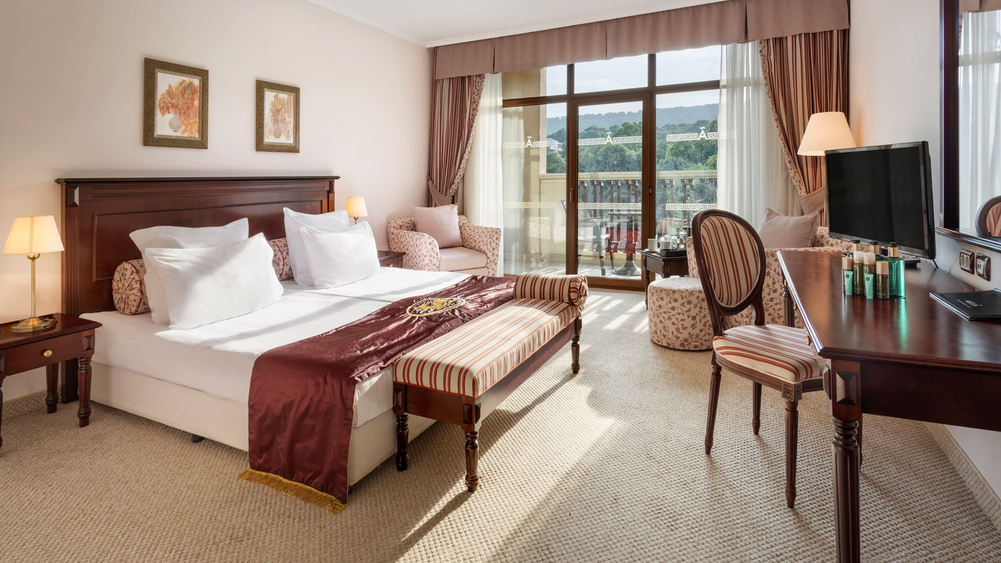 a bedroom with a bed and a table