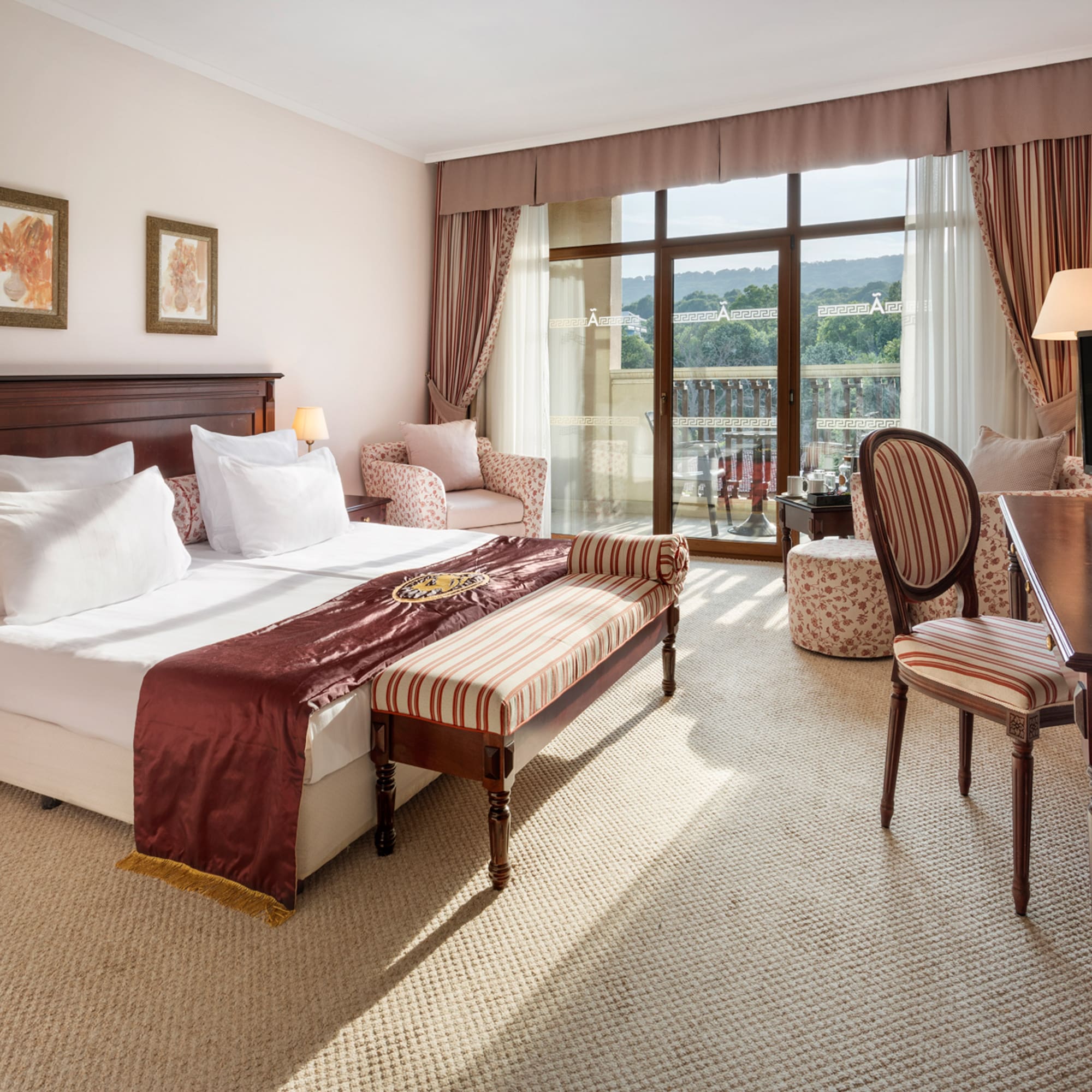 a bedroom with a bed and a table