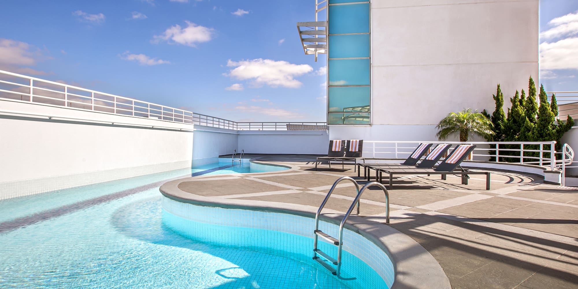 a pool with chairs and a palm tree
