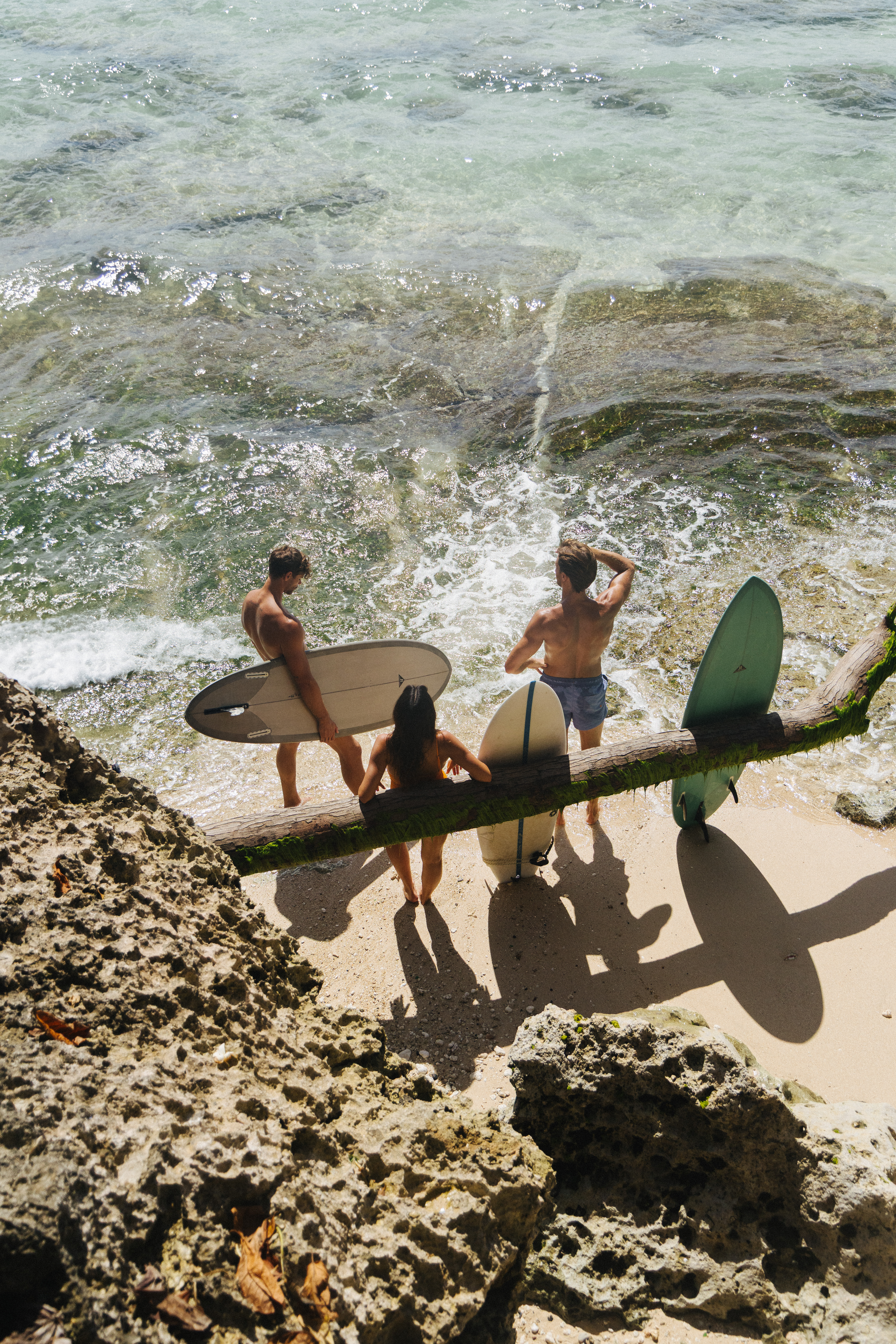 a group of people holding surfboards on a beach