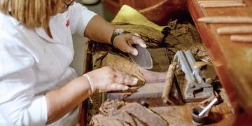 a woman cutting a cigar