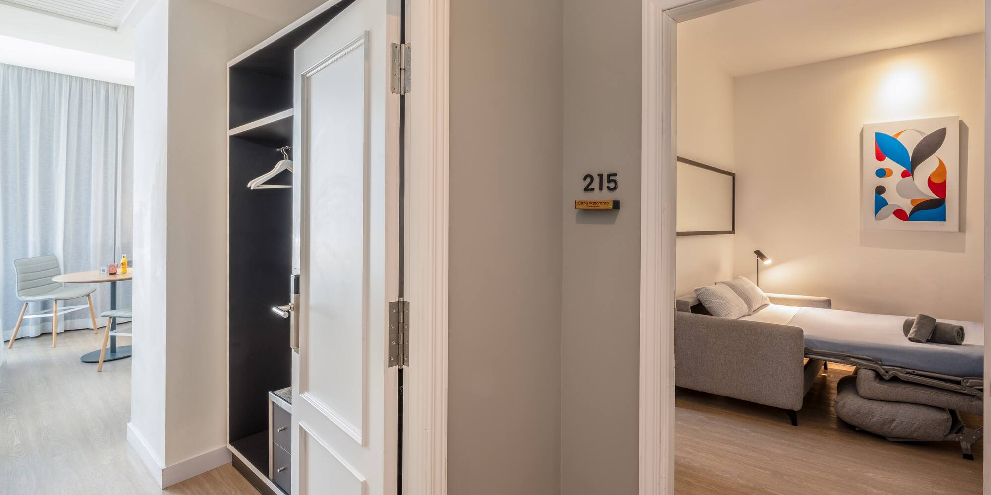 Modern hotel room 215 entryway with open closet and sofa bed visible.