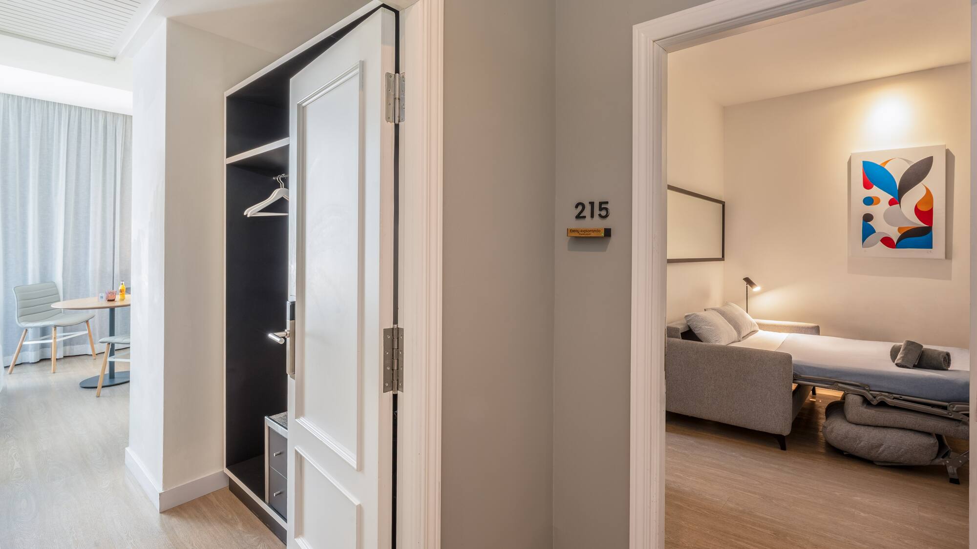 Modern hotel room 215 entryway with open closet and sofa bed visible.