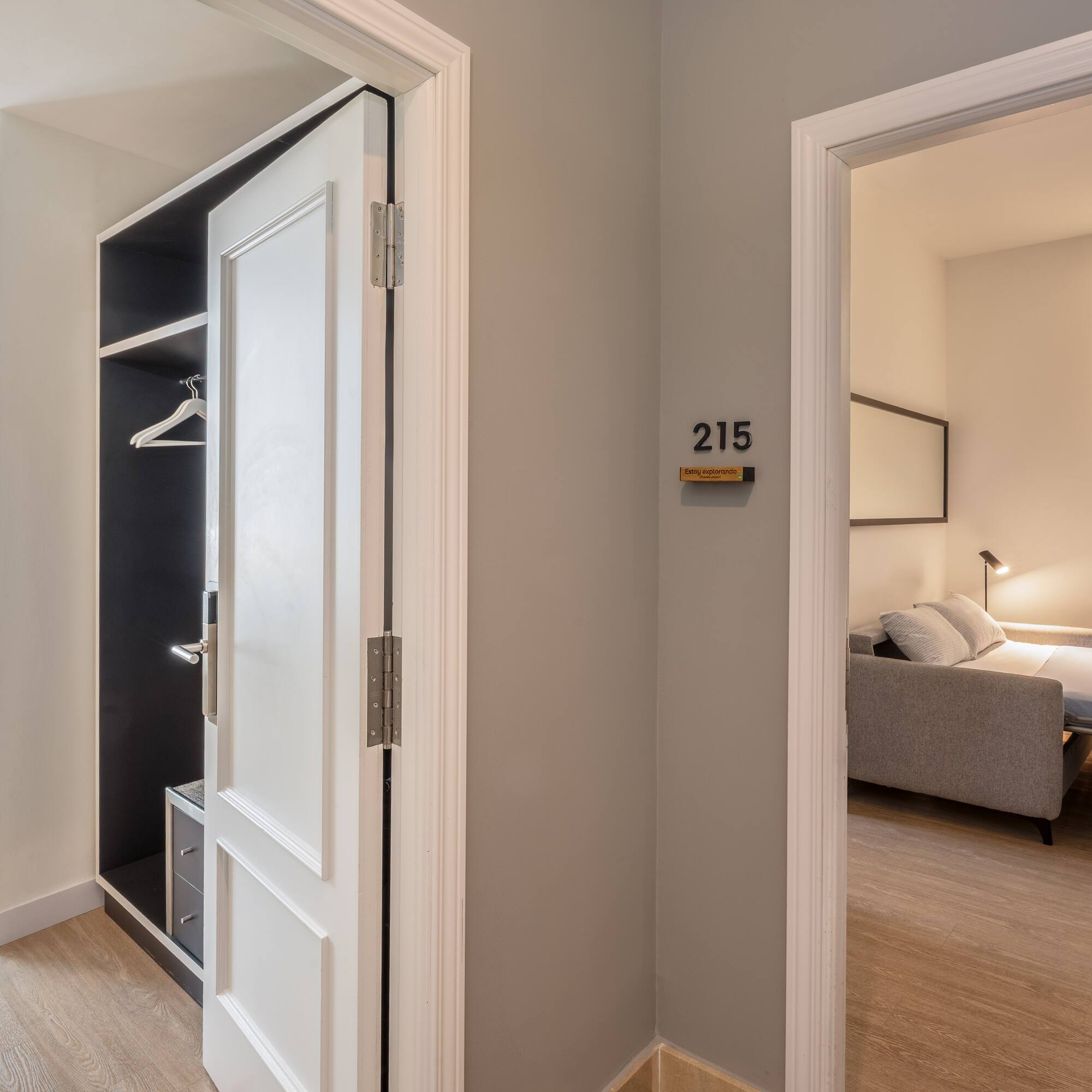 Modern hotel room 215 entryway with open closet and sofa bed visible.