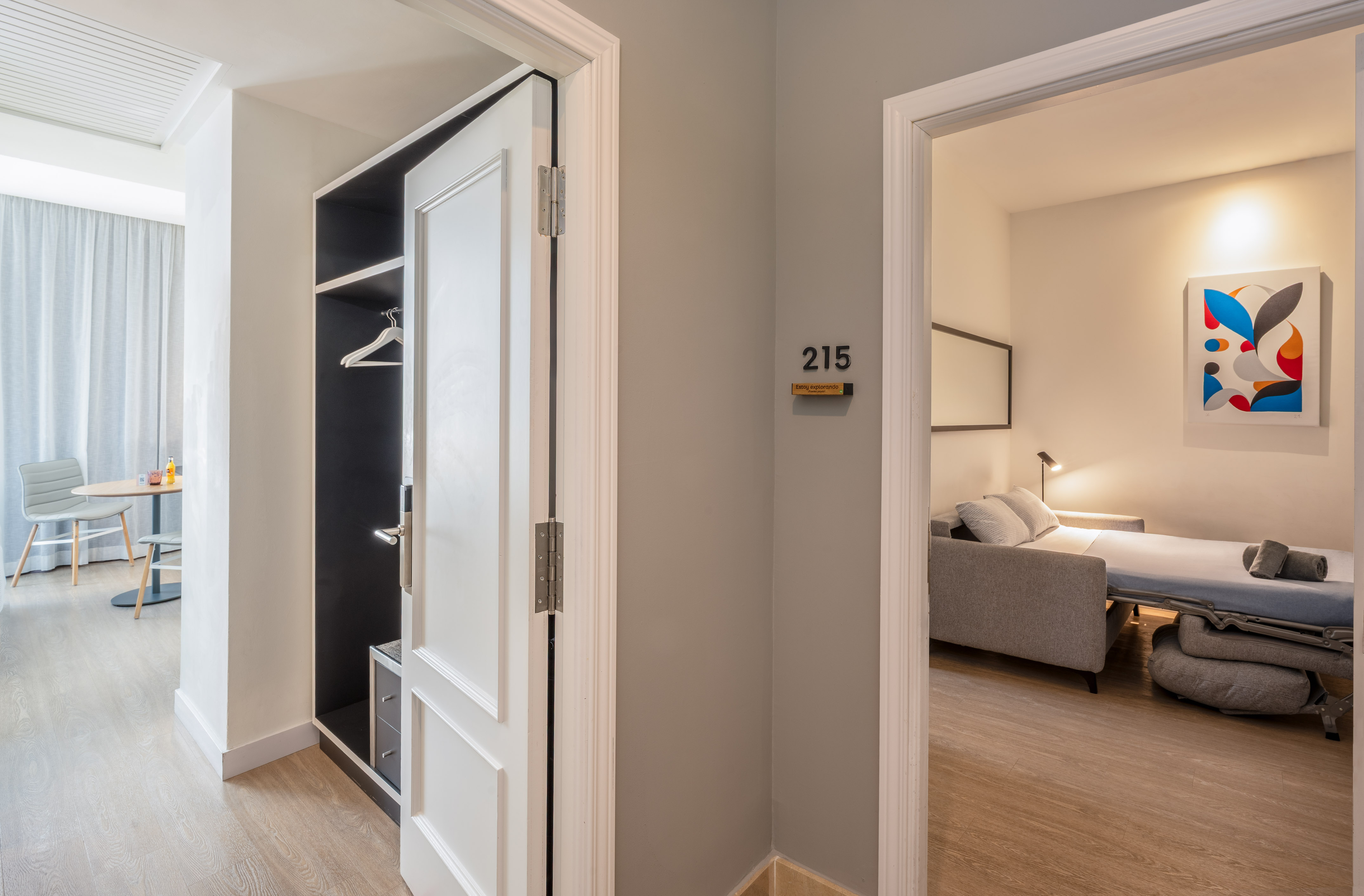 Modern hotel room entrance with open closet, sofa bed, and room 215.