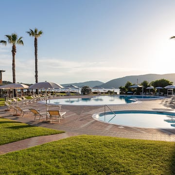 a pool with umbrellas and chairs and palm trees