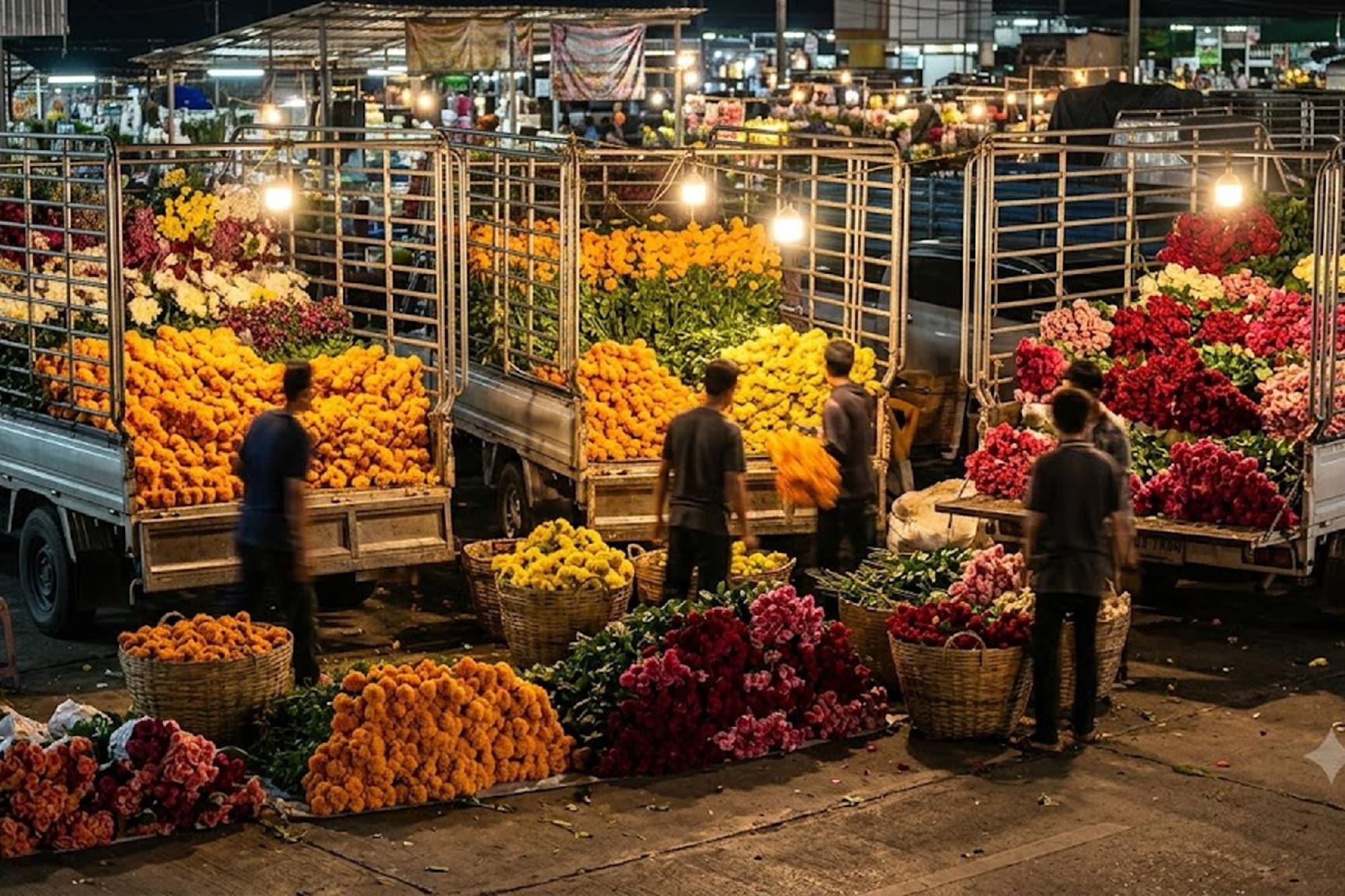 Wholesale flower market at night with trucks loaded with marigolds and roses.
