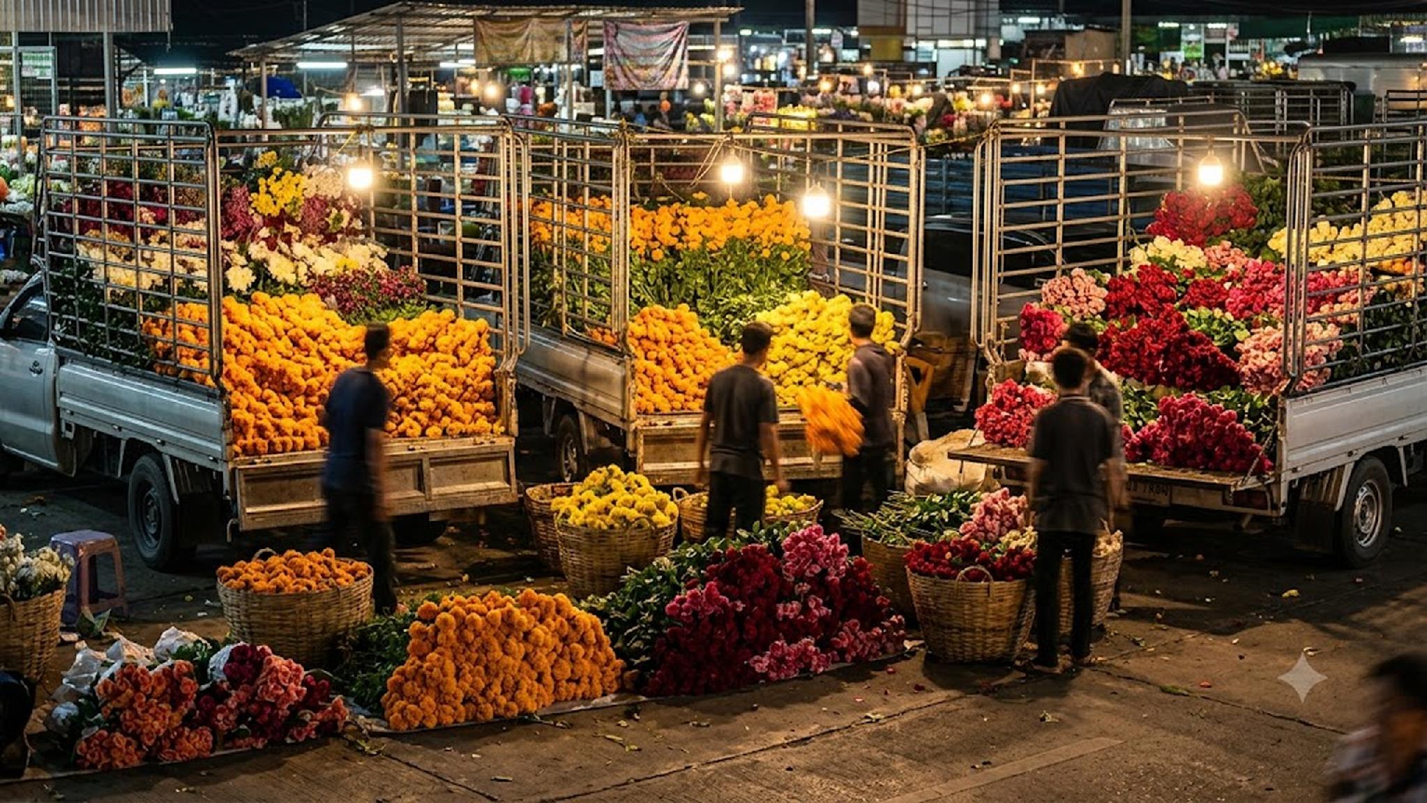 Wholesale flower market at night with trucks loaded with marigolds and roses.