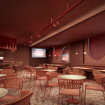 a room with tables and chairs