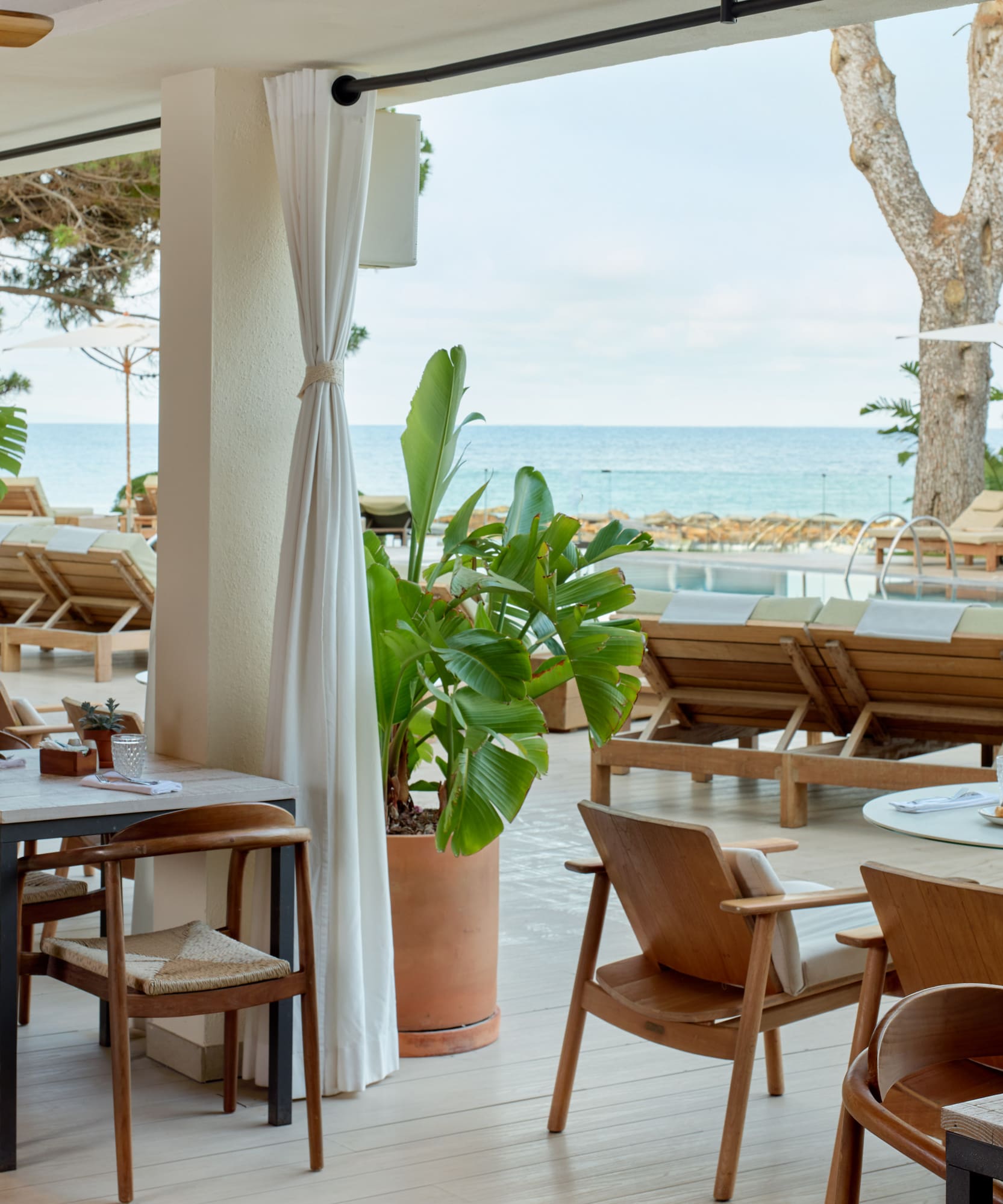Beachfront restaurant patio overlooking pool and ocean, with outdoor seating.