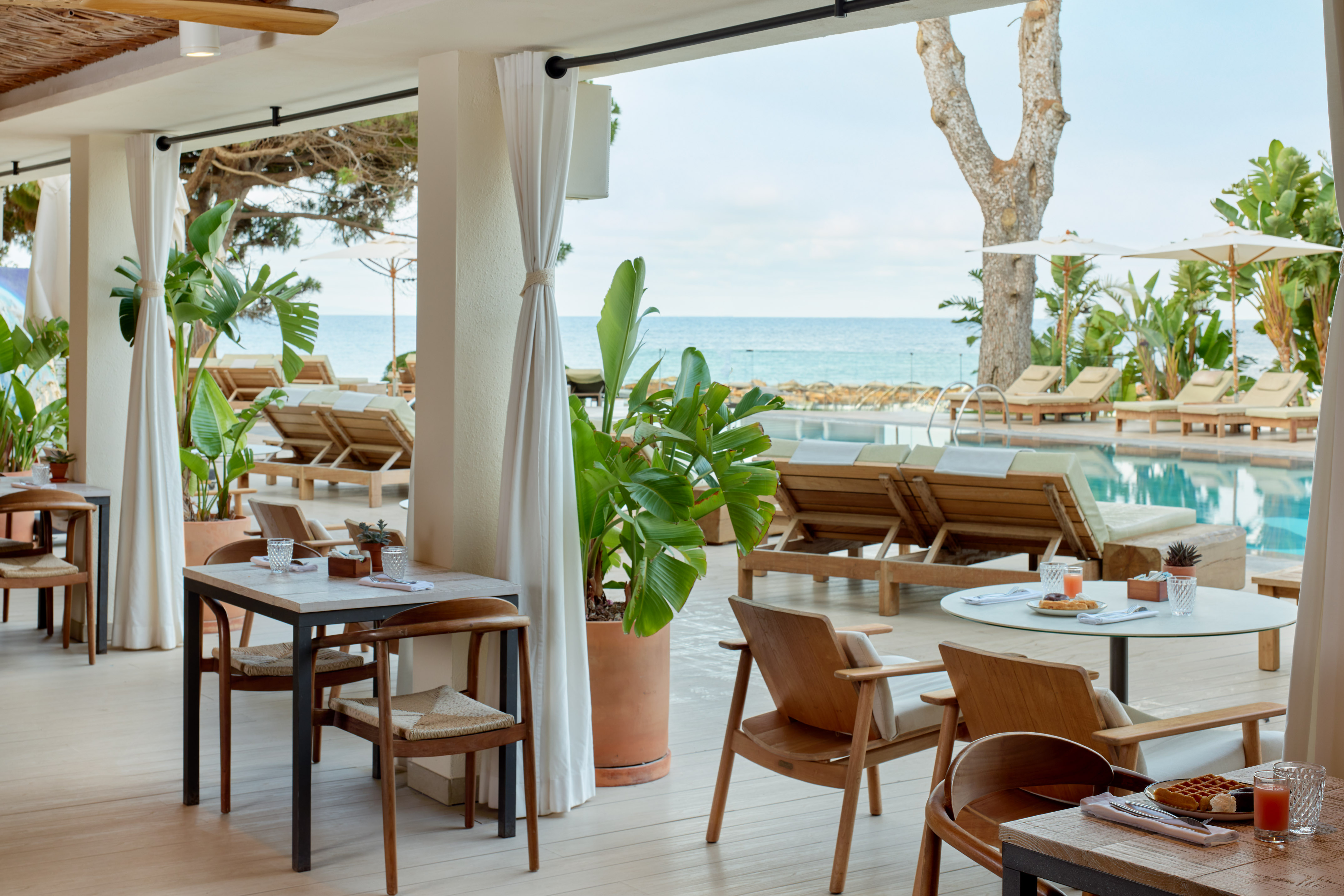 Beachfront restaurant patio overlooking pool and ocean, with outdoor seating.