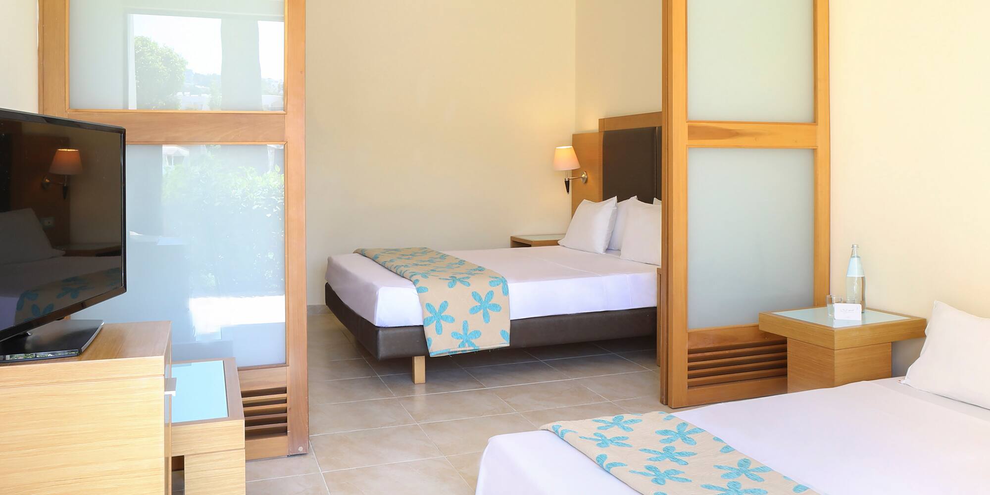 a room with two beds and a tv