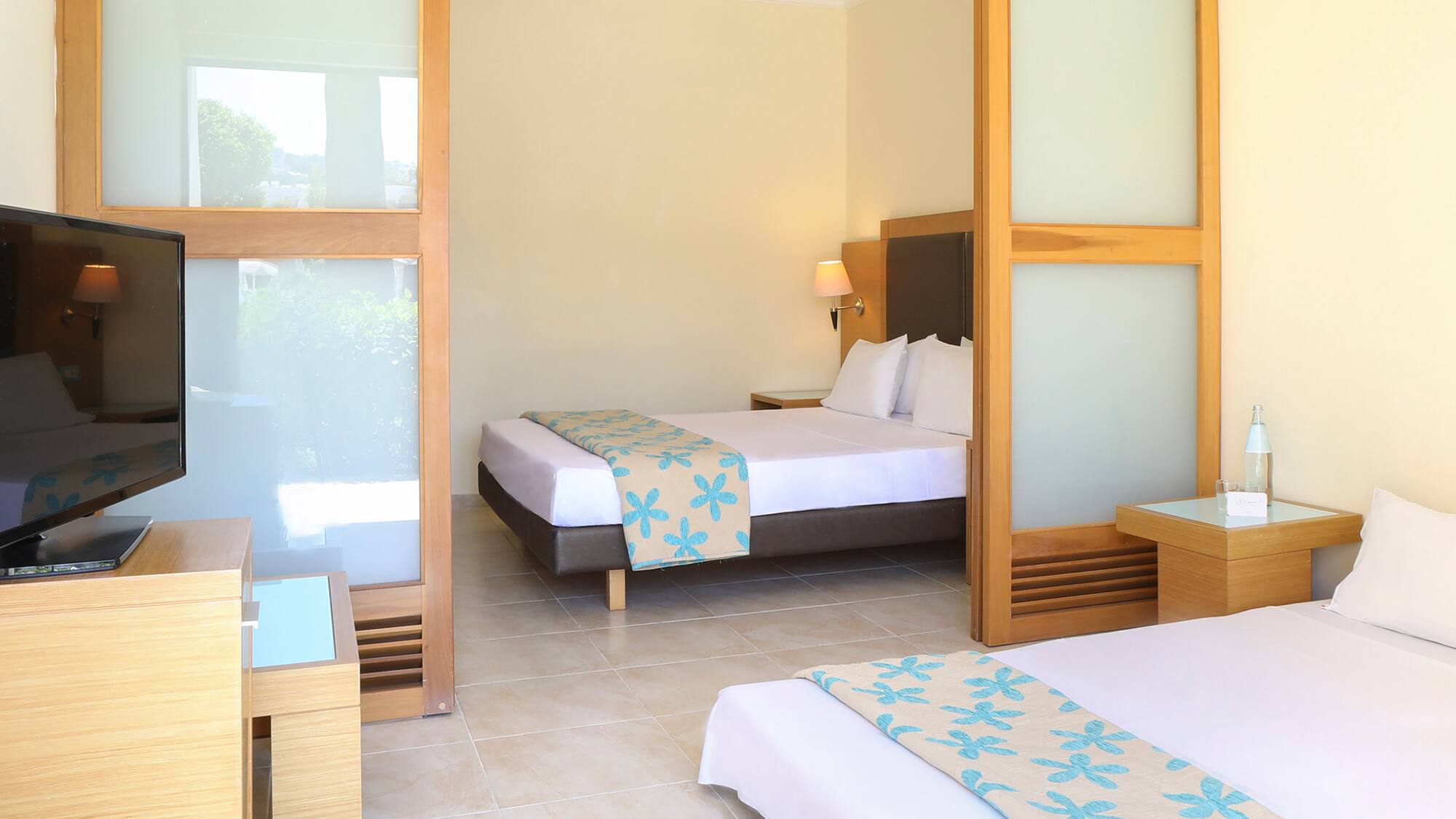 a room with two beds and a tv