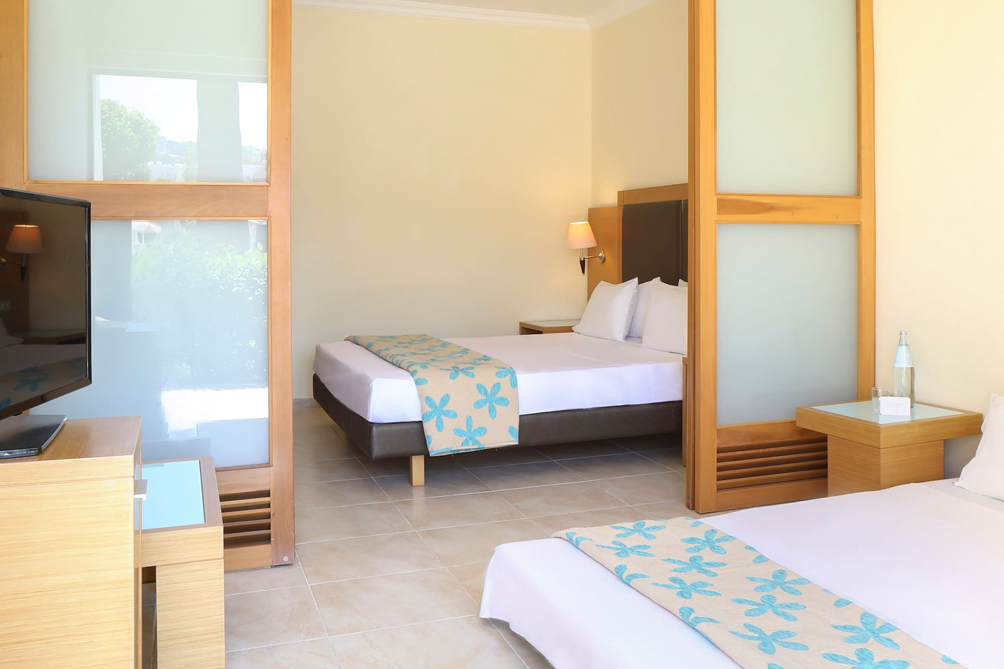 a room with two beds and a tv