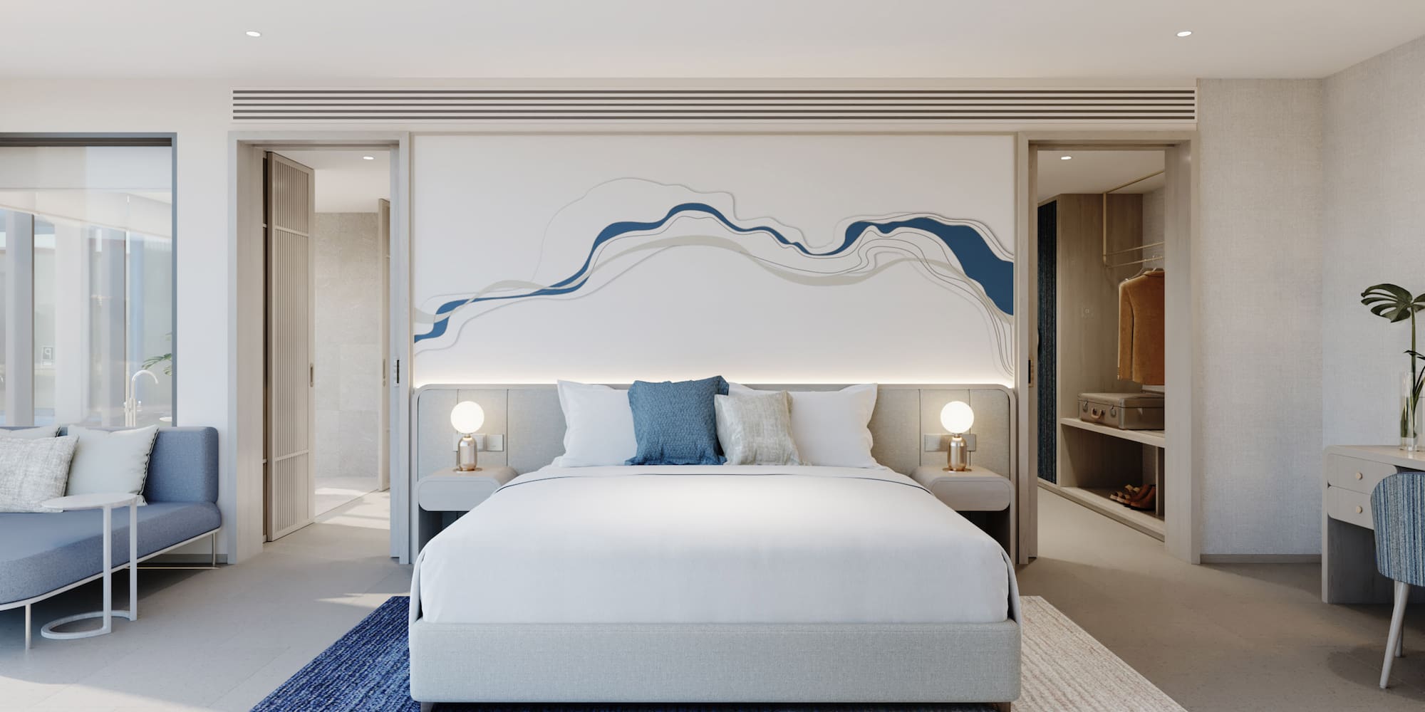 a bedroom with a bed and a rug