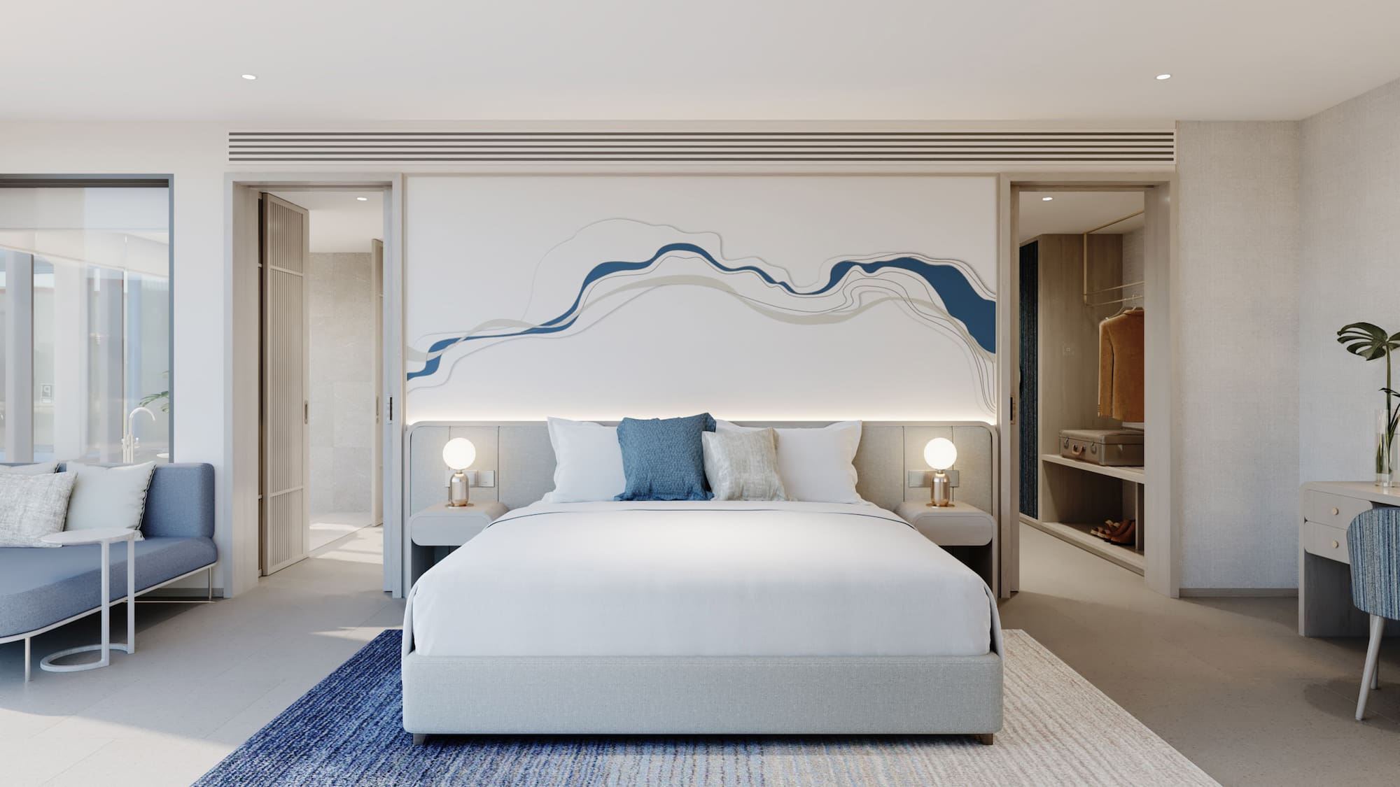 a bedroom with a bed and a rug