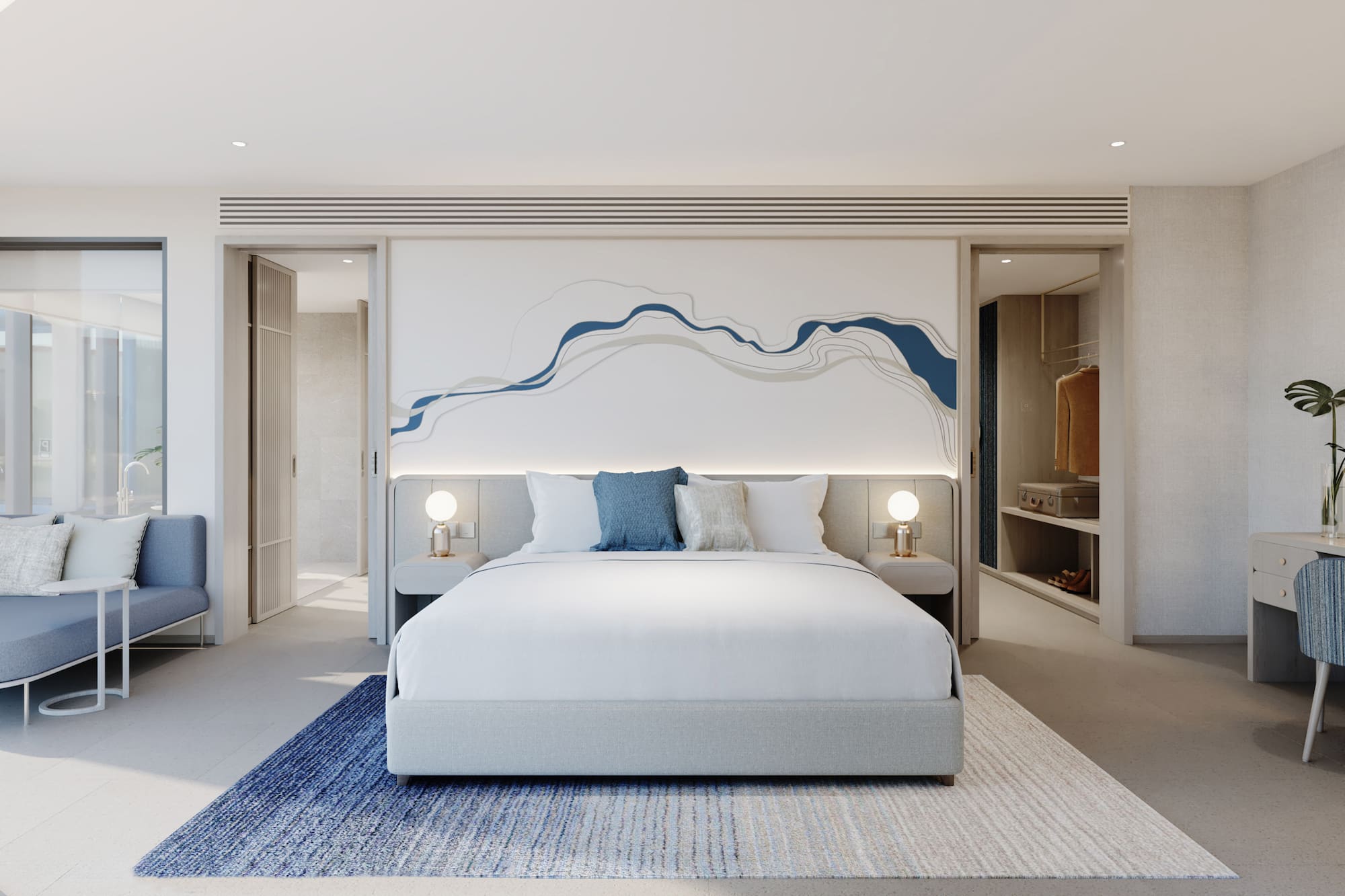 a bedroom with a bed and a rug