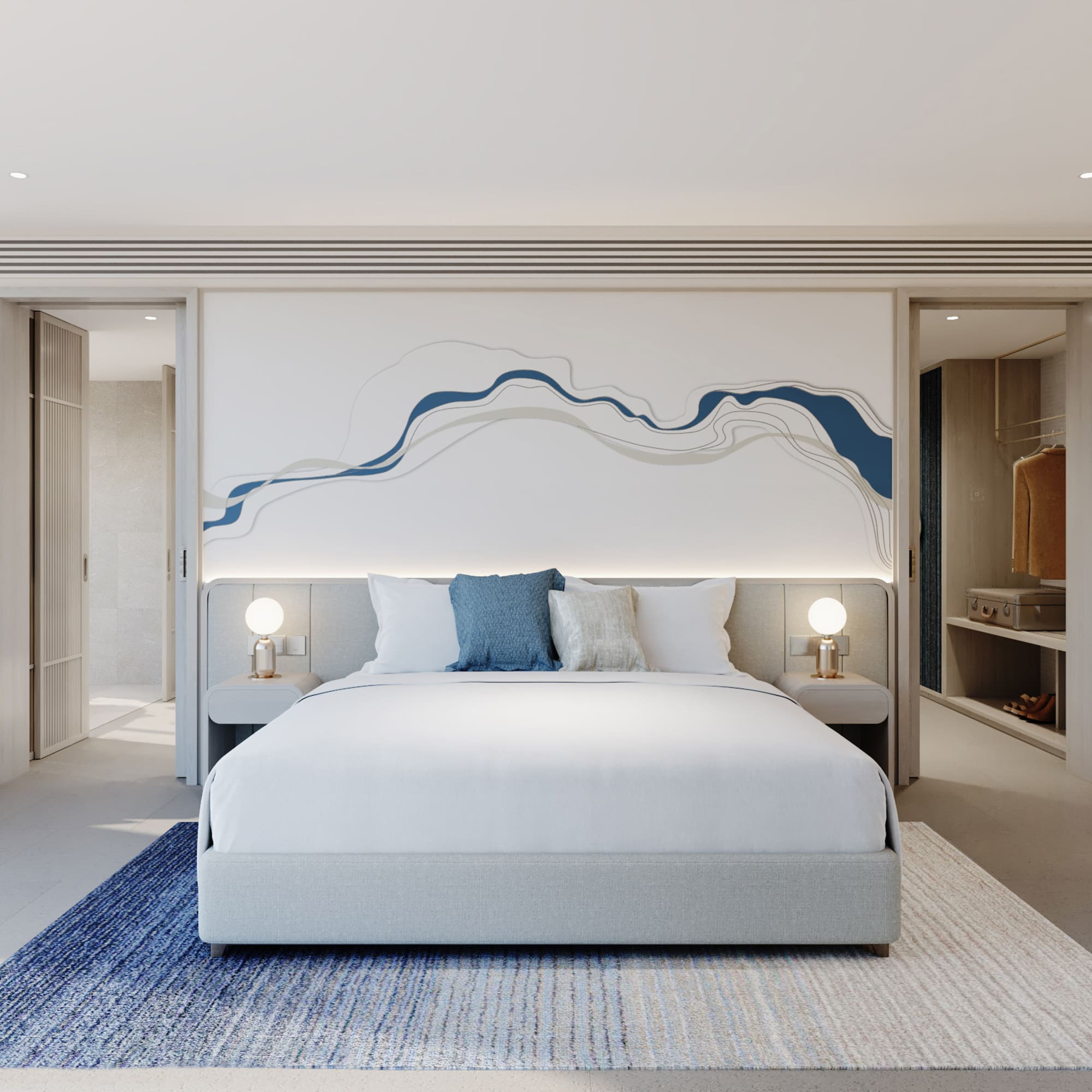 a bedroom with a bed and a rug