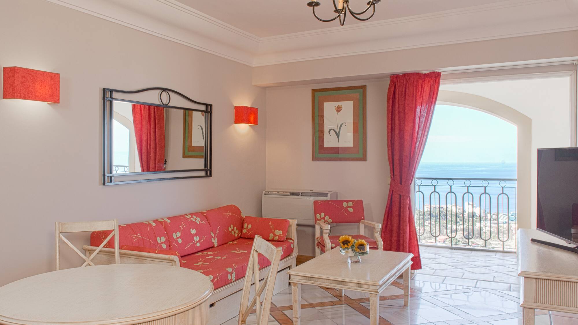 a living room with a couch and a table