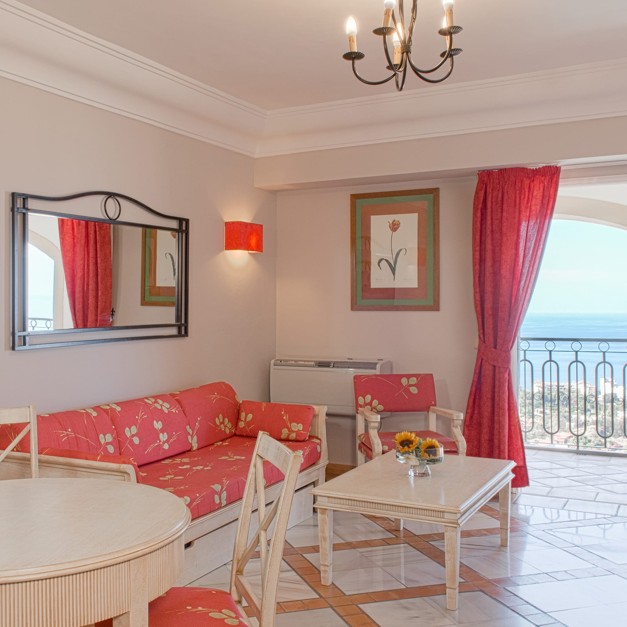 a living room with a couch and a table