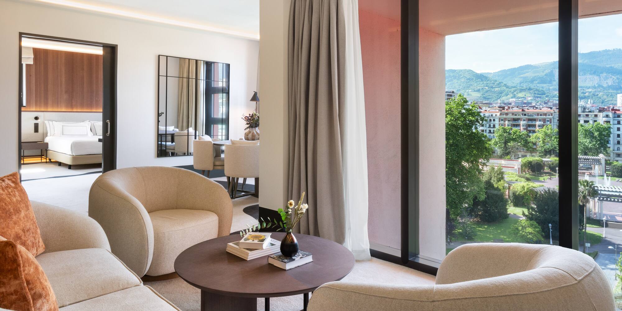 a living room with a large window