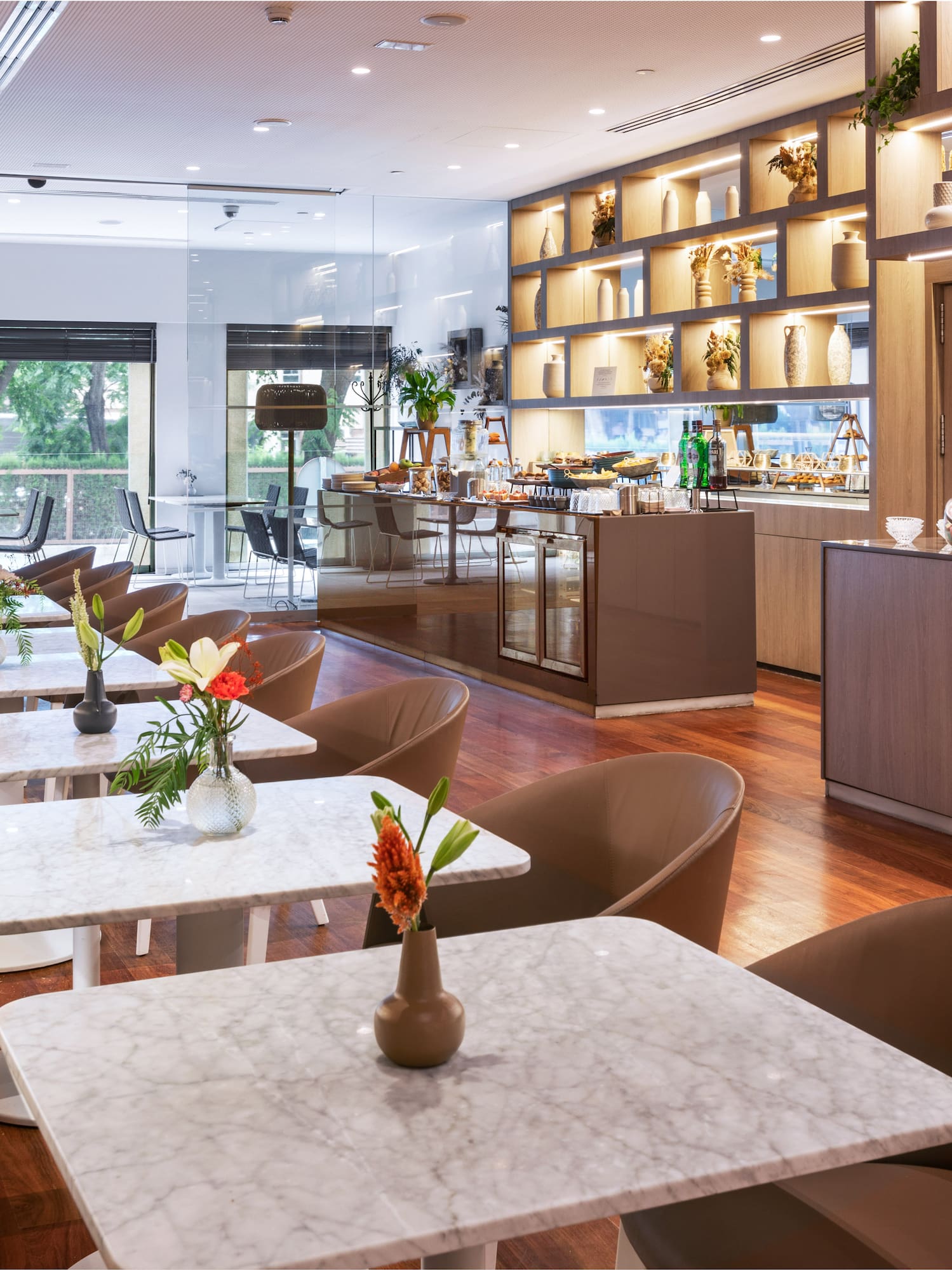 a room with tables and chairs