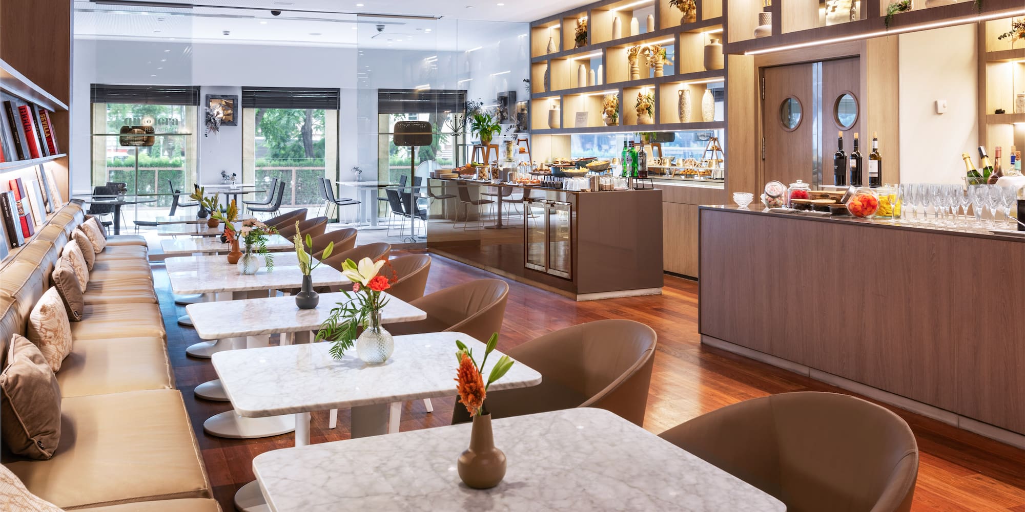 a room with tables and chairs