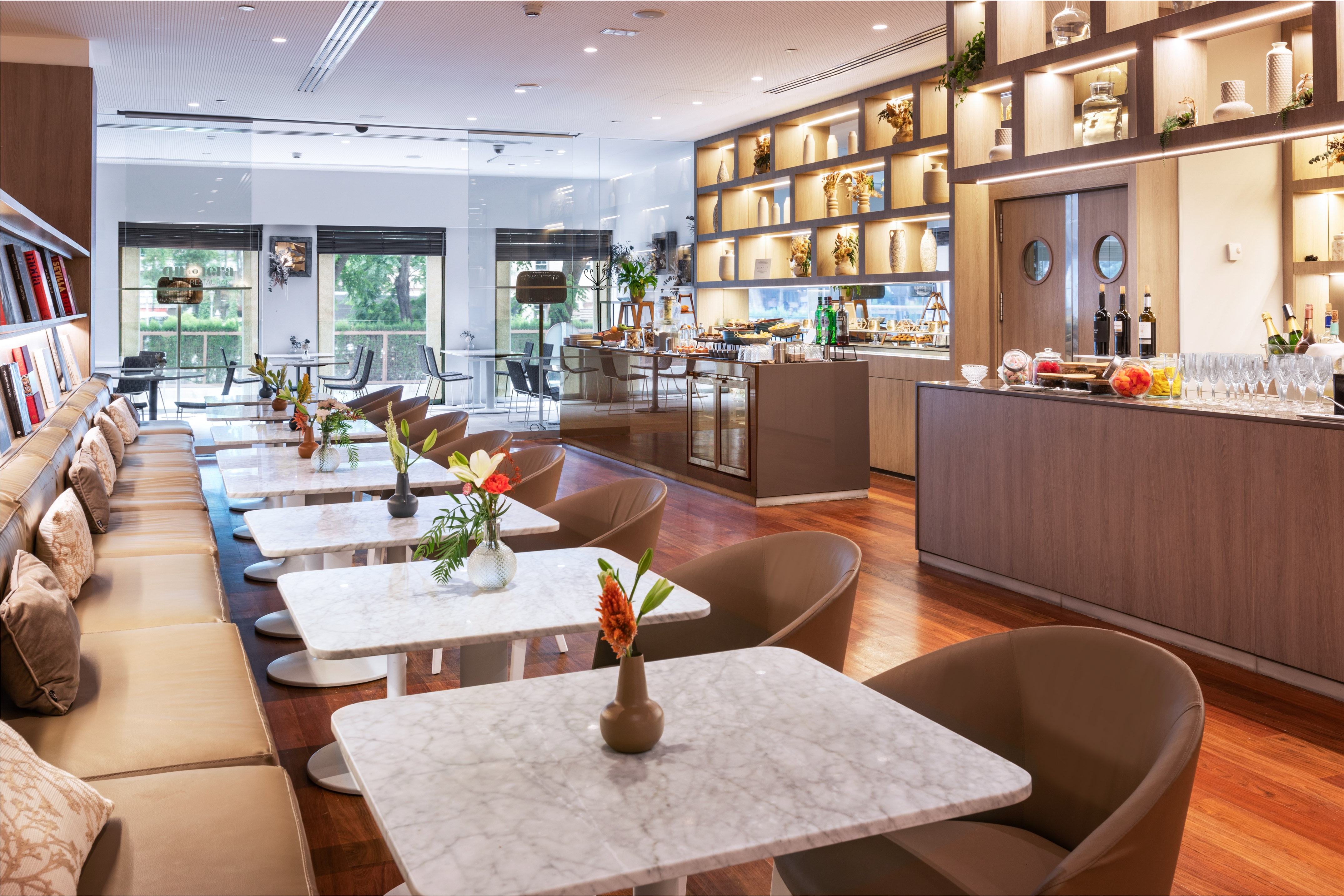 a room with tables and chairs