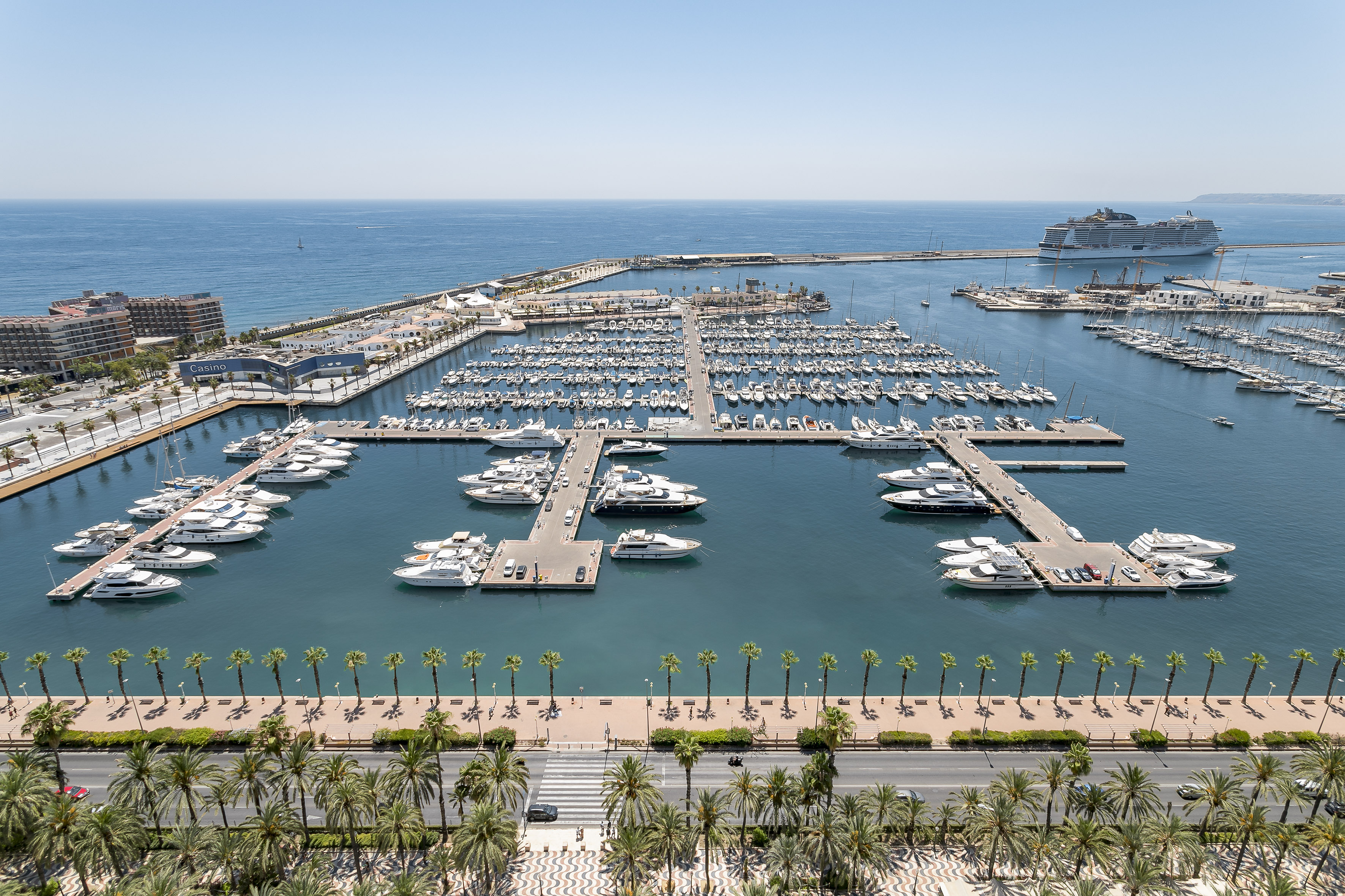 Mediterranean marina with luxury yachts, palm trees, and distant cruise ship.