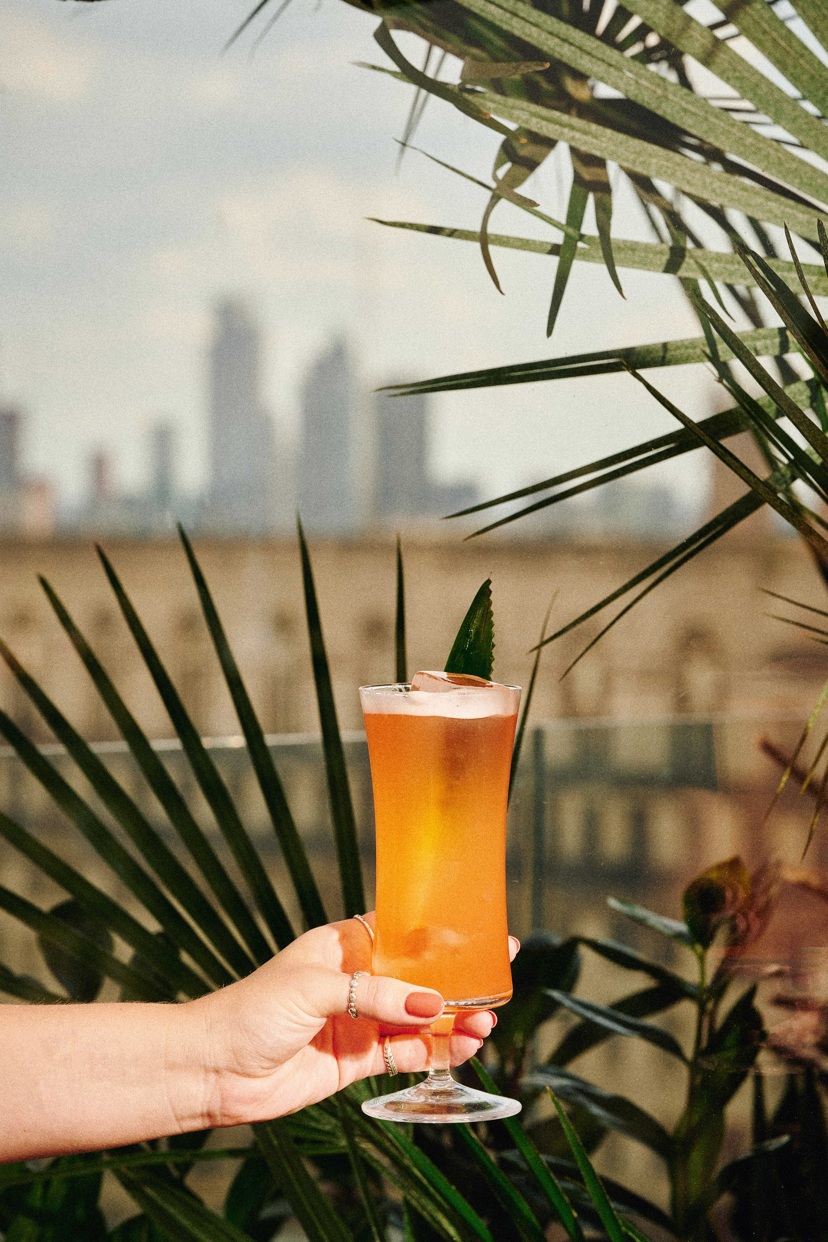 a hand holding a glass of orange liquid