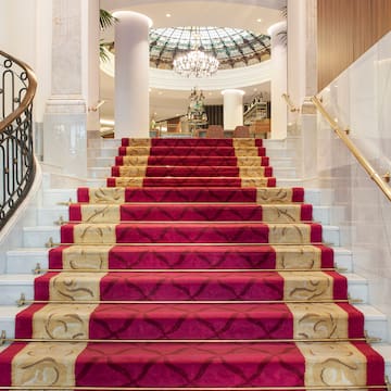 a staircase with red carpet and gold railings
