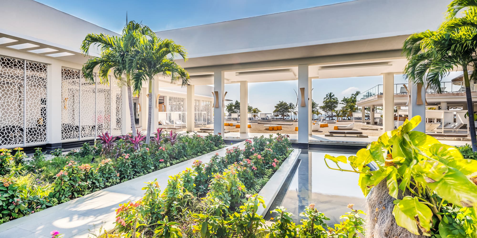 a building with a pool and plants