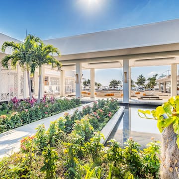 a building with a pool and plants