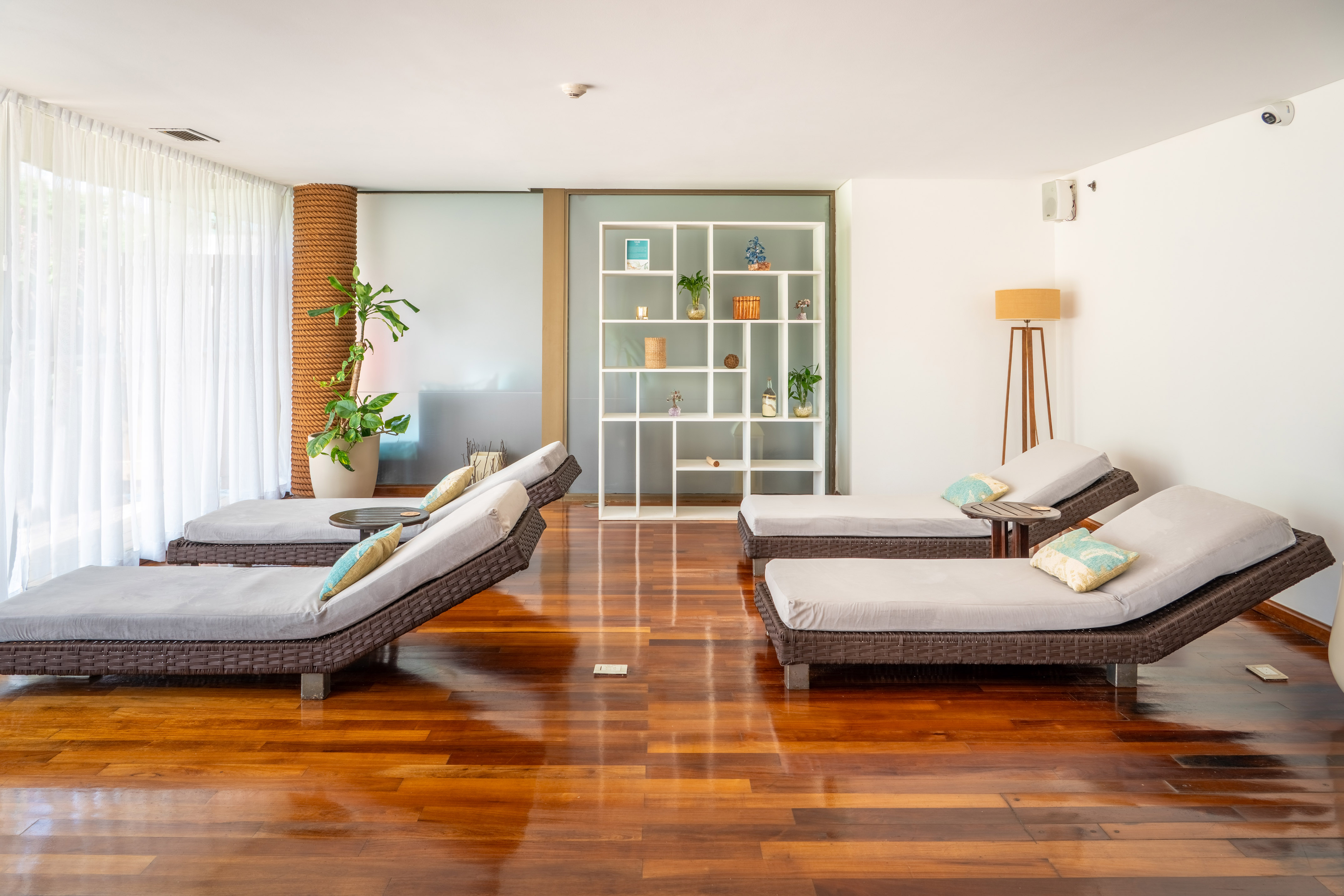 Modern lounge with daybeds, wood floor, and plant decor.