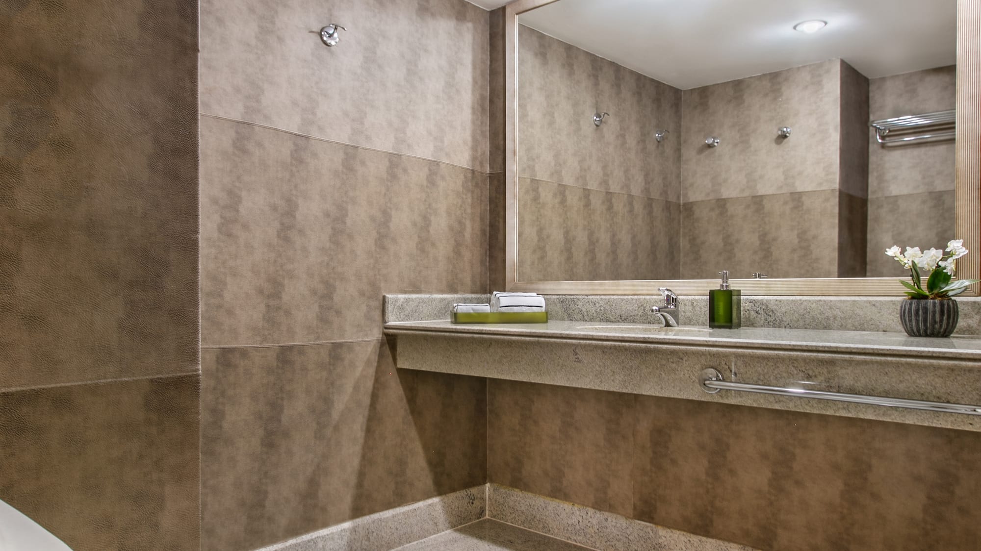 a bathroom with a large mirror and sink