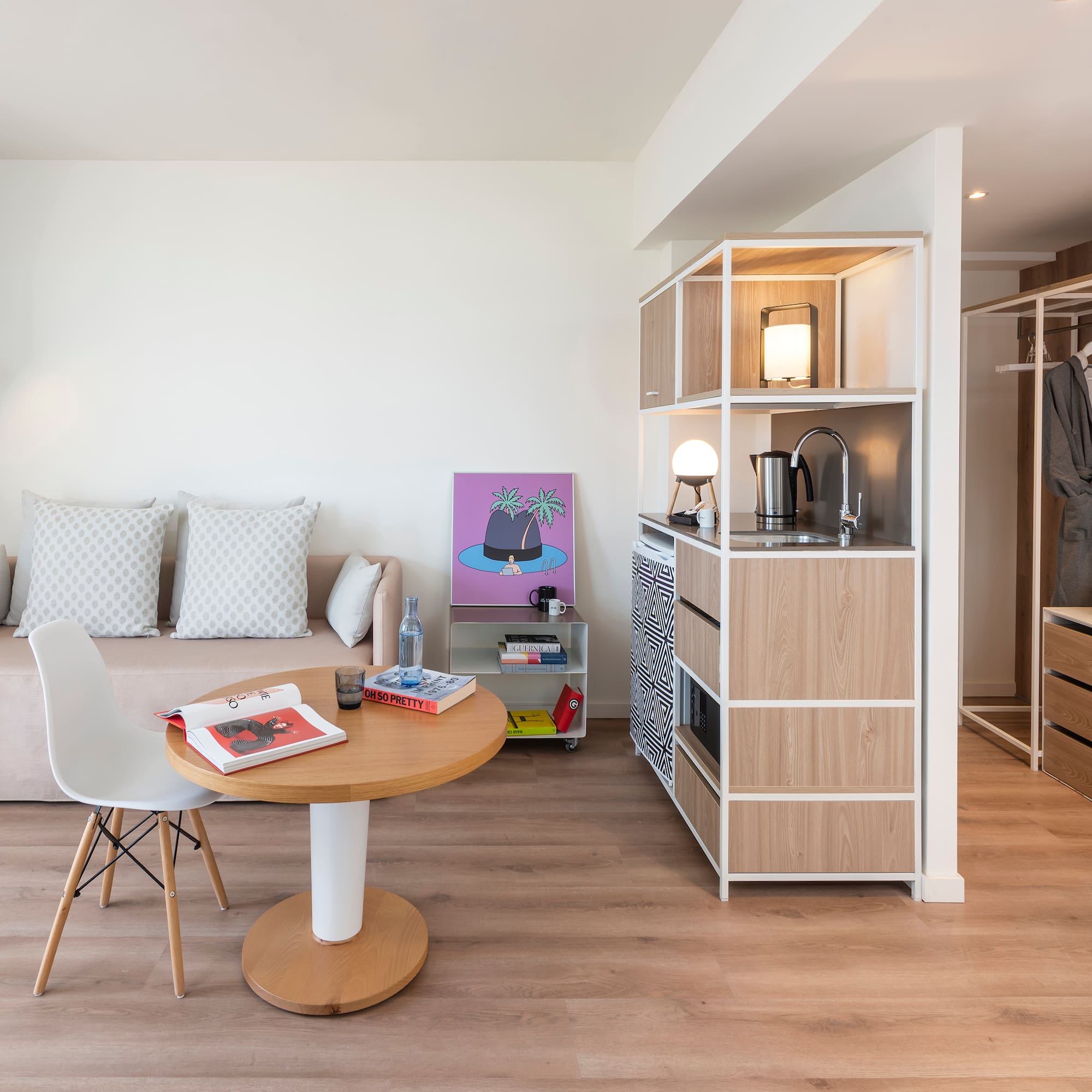 a room with a couch and a table