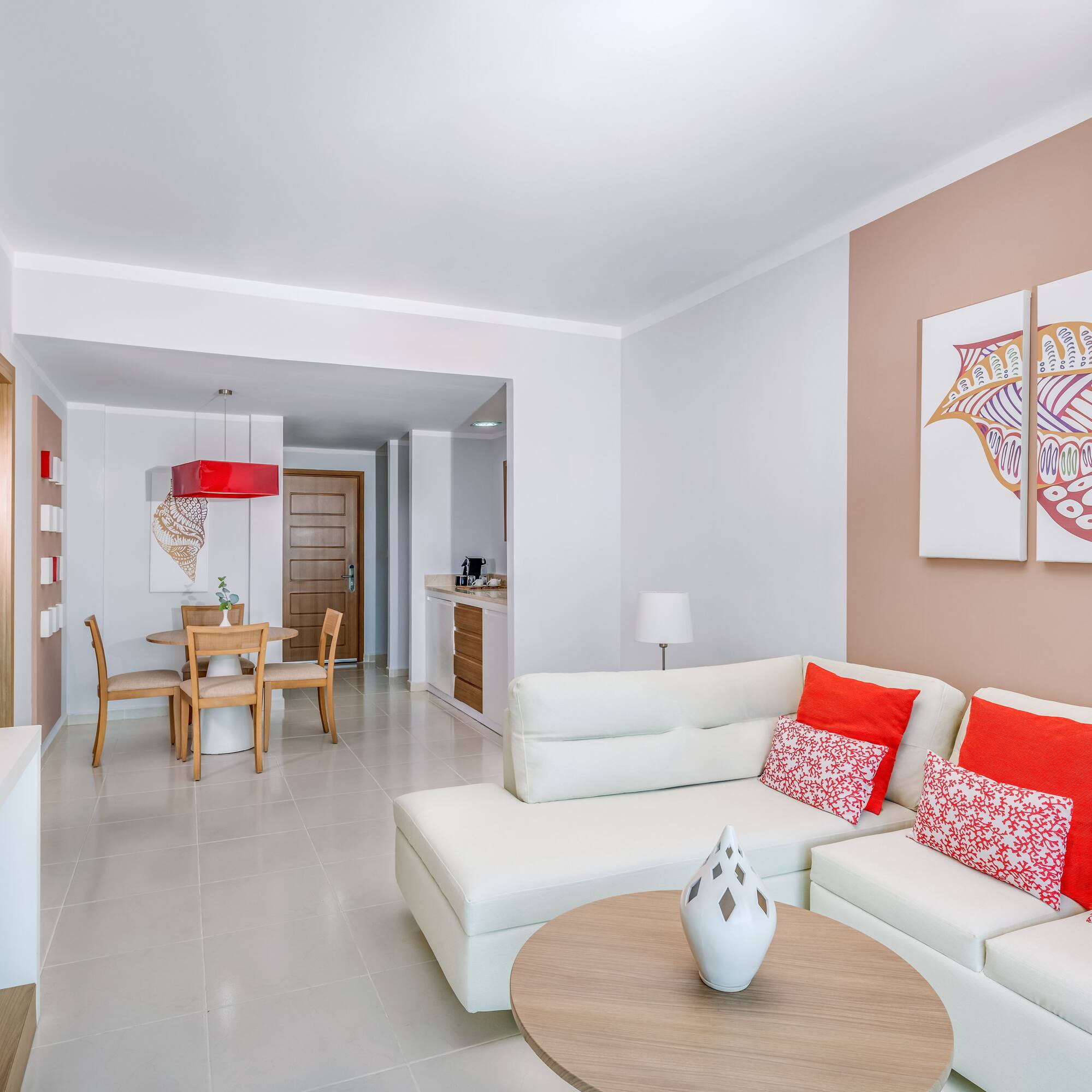 a living room with a couch and table